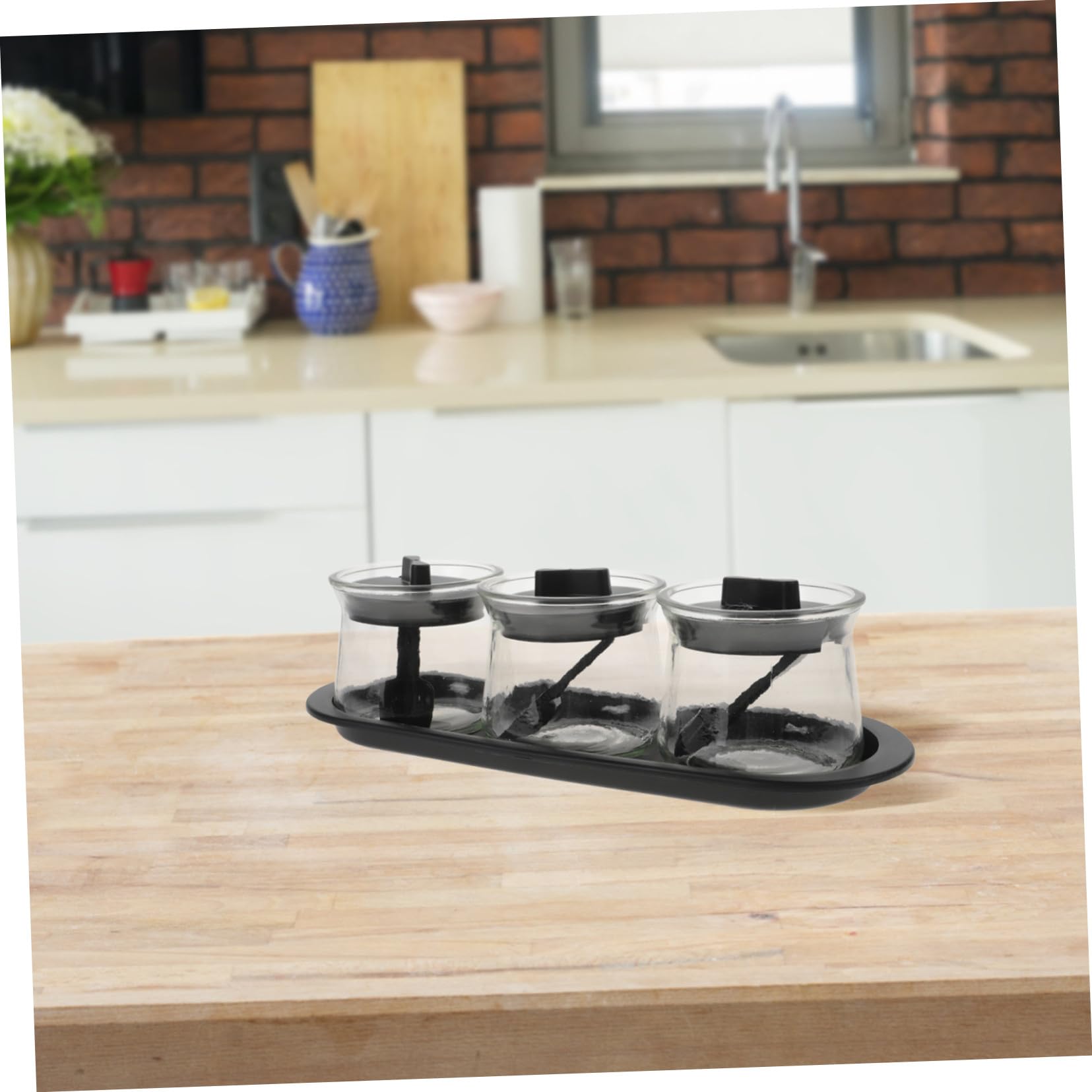 Set 3 Barattoli Per Spezie e Condimenti in Vetro Soda Con Coperchio, Contenitori Trasparenti Con Cucchiai e Vassoio Per Cucina Organizzata, Conservazione Asciutta Di Zucchero, Sale e Spezie