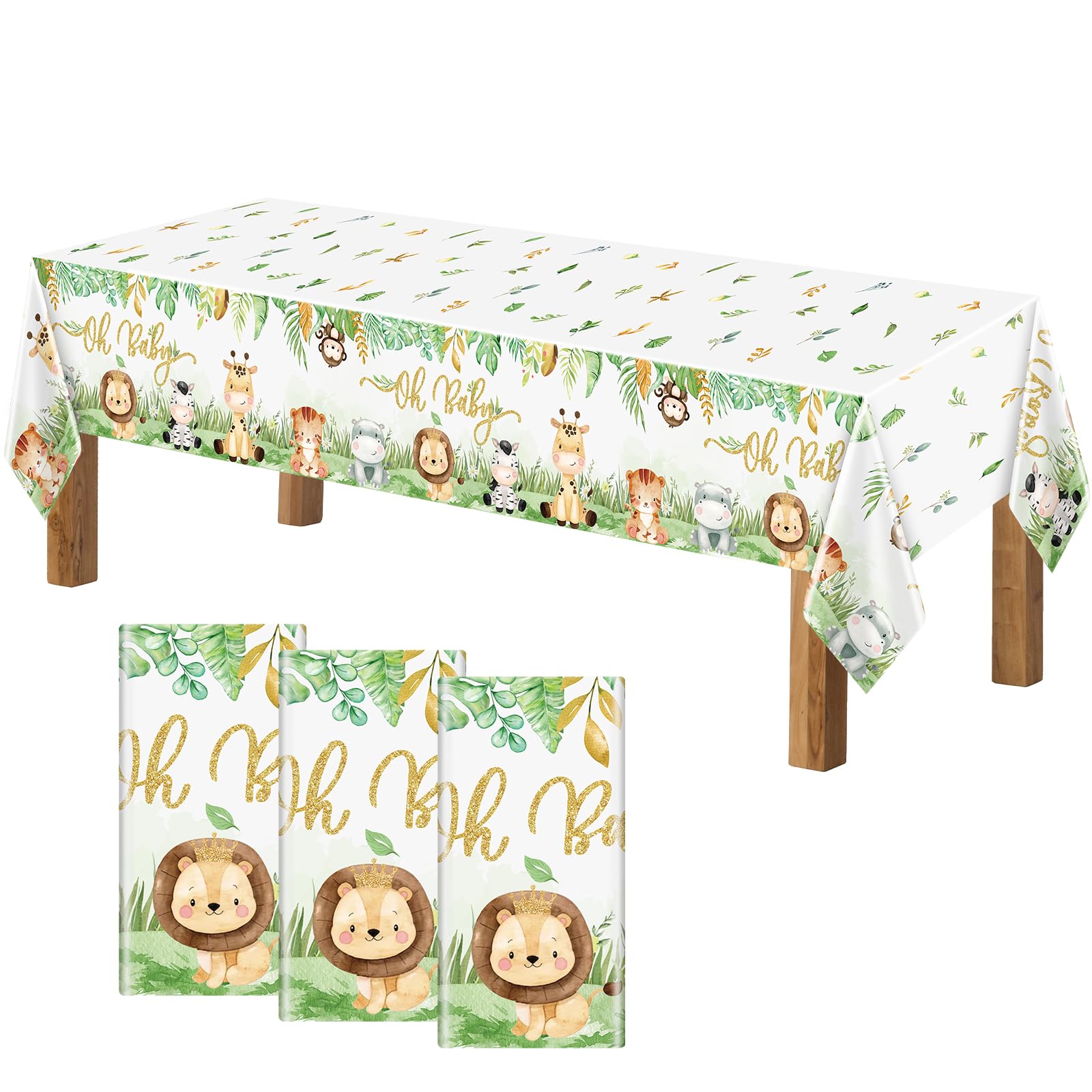 Weecent 3 Pcs Safari Baby Shower Tablecloths Jungle Animals Plastic Table Cloths,108×54 Inch Oh Baby Party Supplies Sage Green Decorations for Boys Kids