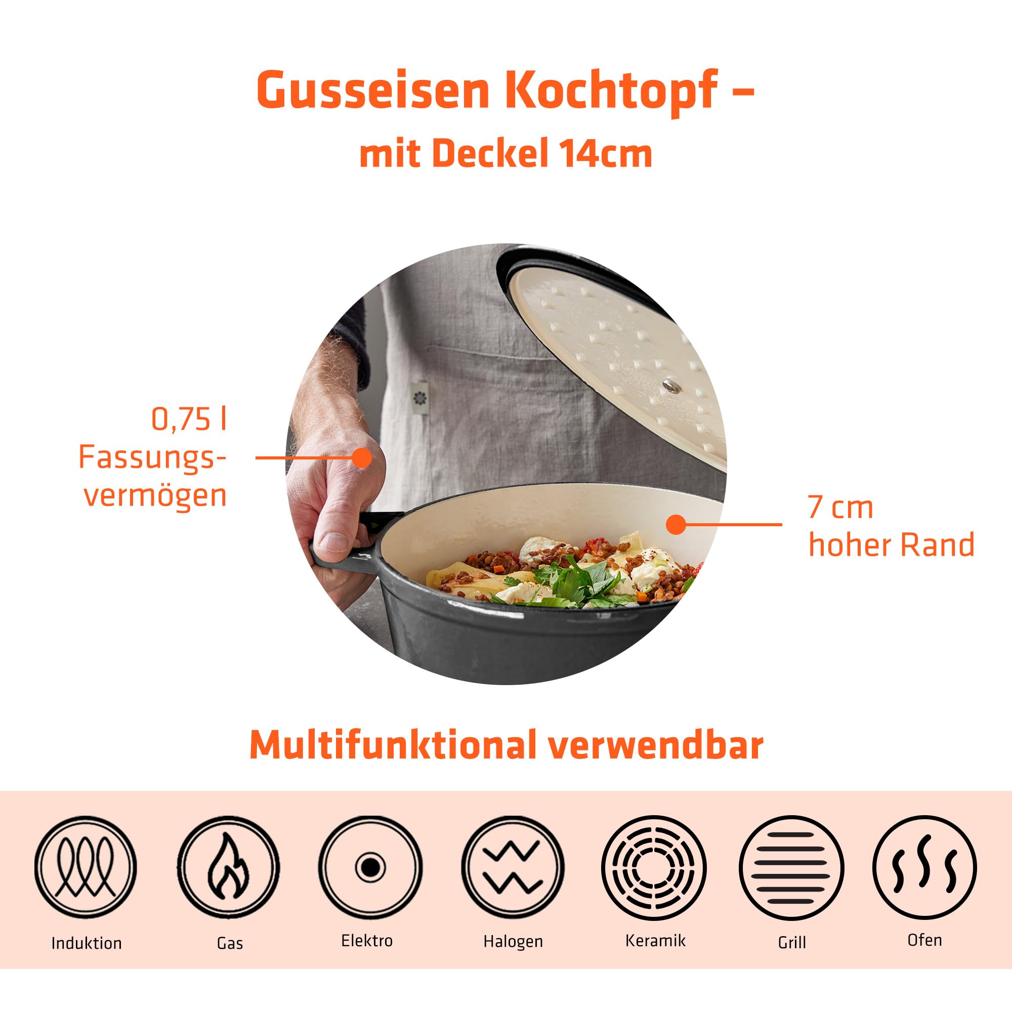 Berndes Serviertopf B.iron 0,75L mit Deckel - 14 cm - Gusseisen mit Emaillebeschichtung - Kochtopf zum Schmoren und Braten - Induktionsgeeignet - für alle Herdarten - Schwarz/Grau