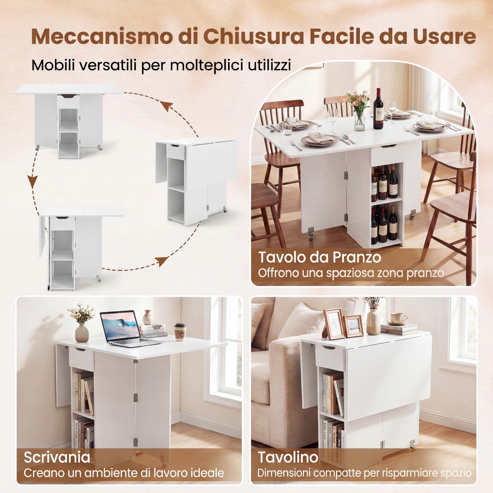 COSTWAY Tavolo da Pranzo Pieghevole, Tavolo Salvaspazio per 4-6 Persone con 2 Ripiani, Cassetto e Ruote a Freno, Tavolino Cucina per Cucina, Soggiorno e Ufficio, 120 x 72 x 75 cm (Bianco)
