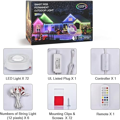 Miniatura 9 de Luz permanente para exteriores, RGB+IC de 100 pies, 72 luces impermeables que cambian de color con 63 modos de escena, aplicación y control de voz,