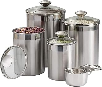 SILVERONYX Beautiful Canisters Sets for the Kitchen Counter, 8-Piece Stainless Steel, Medium Sized with Glass Lids and Measuring Cups - Tea Coffee Sugar Flour Canisters - 8pc Glass Lids