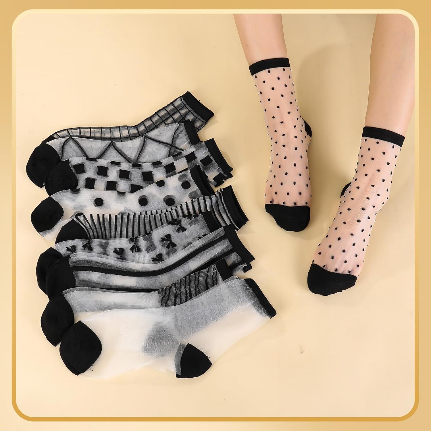 10 Pairs Sheer Socks Women Striped Plaid Mesh Dot Bow See Through Transparent Socks Summer - Image 6