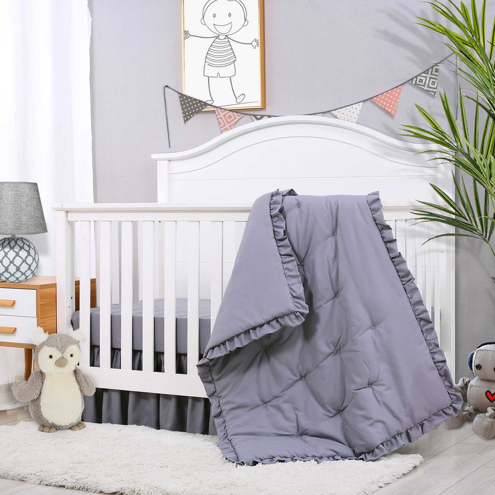 Cloele 3 Pieces Crib Bedding Set Standard Size Baby Bedding Set - Solid Ruffle Quilted Set Includes Comforter Fitted Sheet Crib Skirt for Boys and Girls - Cute Ruffled Nursery Set Baby Crib Set Gray
