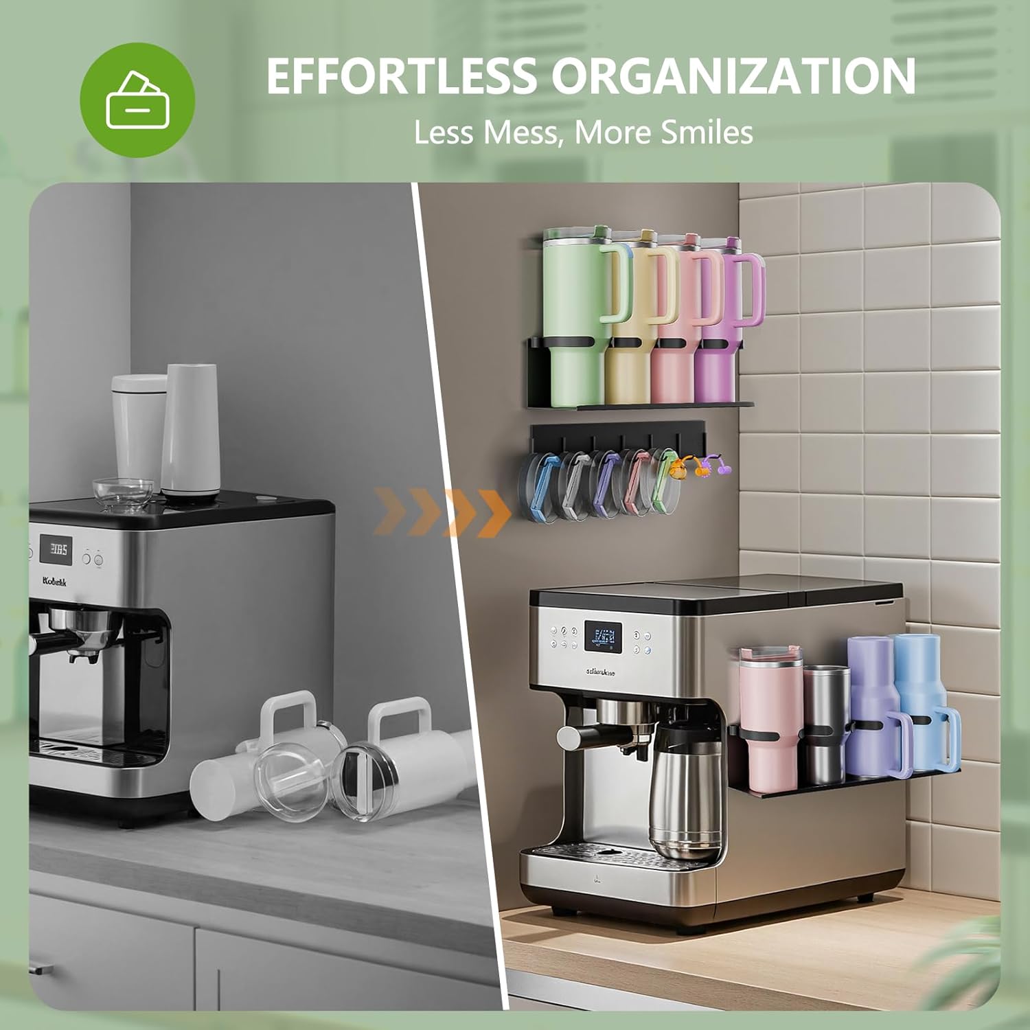 Max Capacity 8-Cup (2x4) Magnetic Stanley Cup Holder for Stanley & Yeti Tumblers (20/30/40oz) – Holds 4 Water Bottle Each, Tumbler Organizer with 7 Hooks for Kitchen Fridge & Metal Surfaces - Image 5