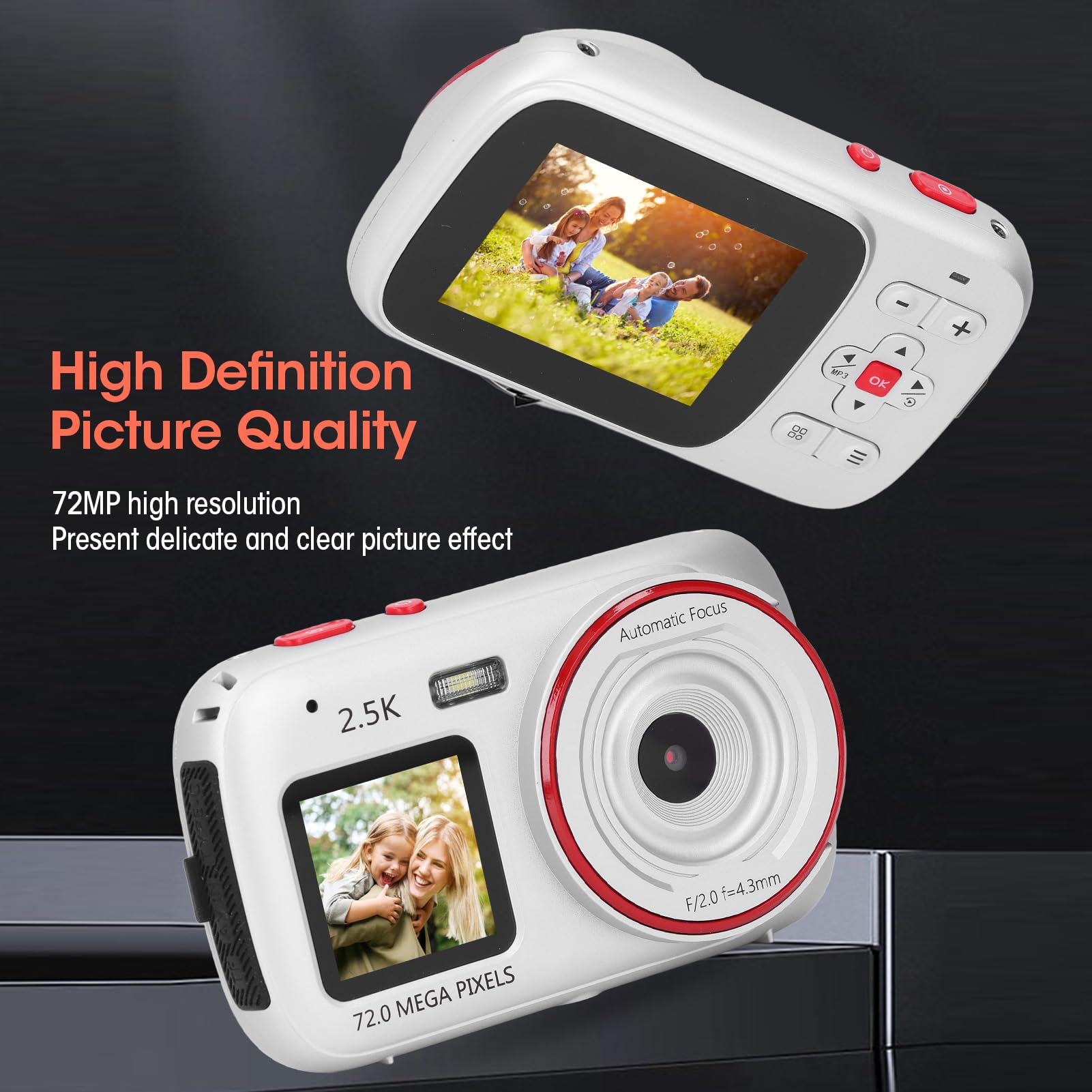 Fotocamera Digitale 2,5K per Fotografia, Fotocamera Selfie da Viaggio con Messa a Fuoco Automatica con Doppio Schermo, Fotocamera per Vlogging con Zoom Digitale 16X (SILVER)