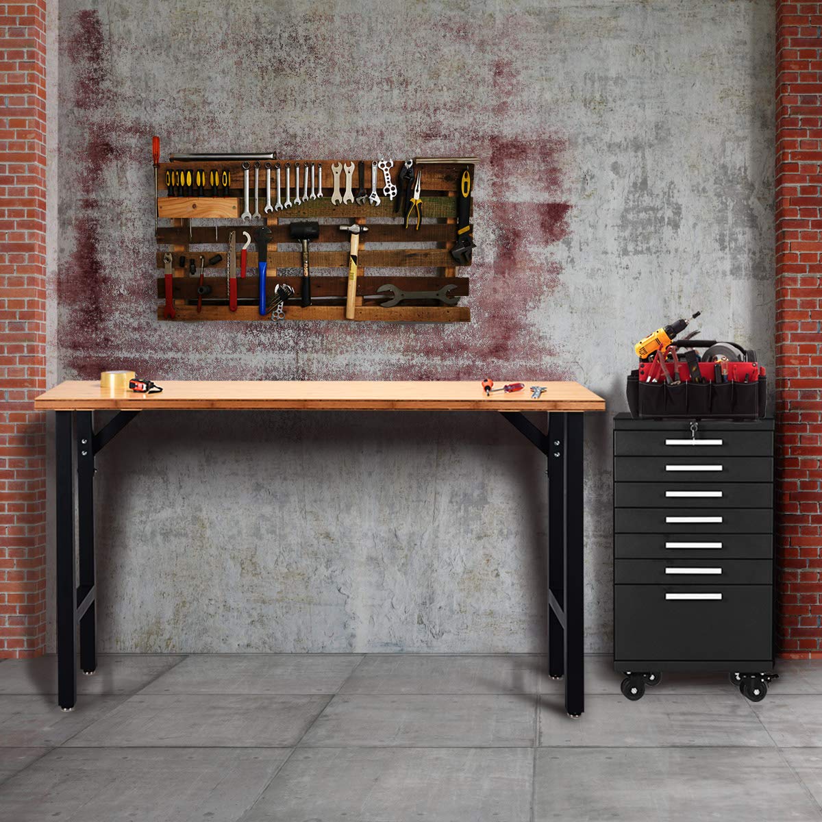 Goplus 65" Bamboo Top Workbench HeavyDuty Steel Garage Work Bench