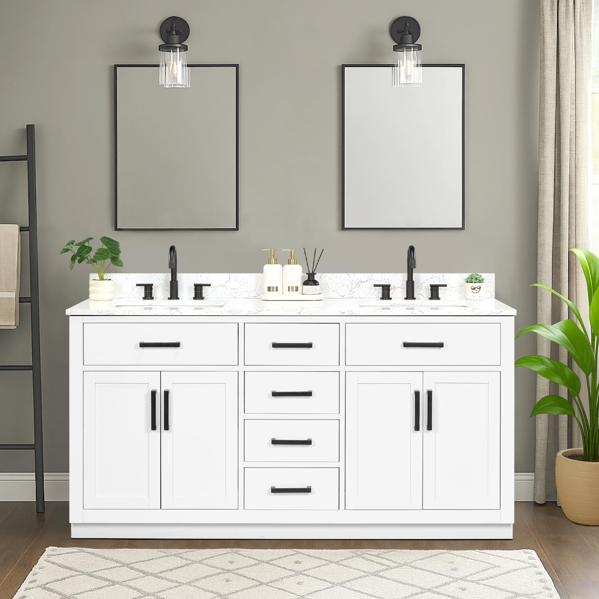 Photo 1 of XWNE 66-inch White Bathroom Vanity with 2 Sinks, Solid Wood, 0.79-inch Stone Countertop and Backsplash, 6 Drawers, 4 Soft Closing Doors
