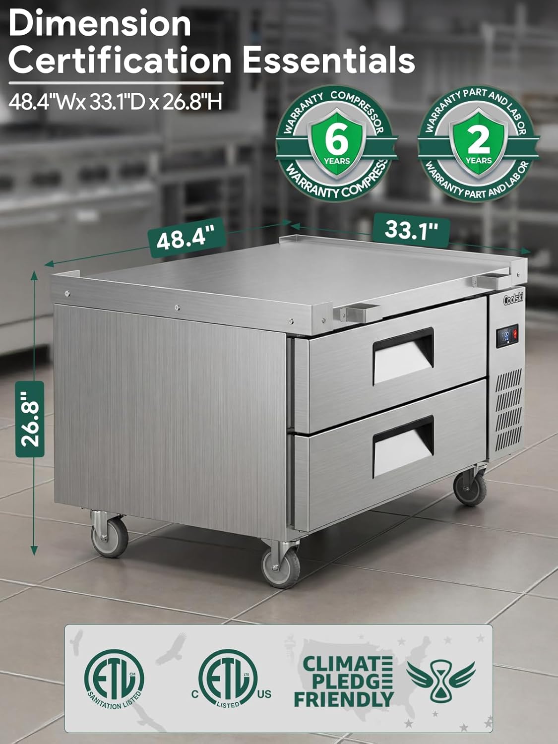 Coolski 48”W Chef Base Refrigerator, 2 Drawers Refrigerated Commercial Refrigerator with 10 Pans, 33-41℉ Stainless Steel Refrigerator for Restaurant, Bar, Garage