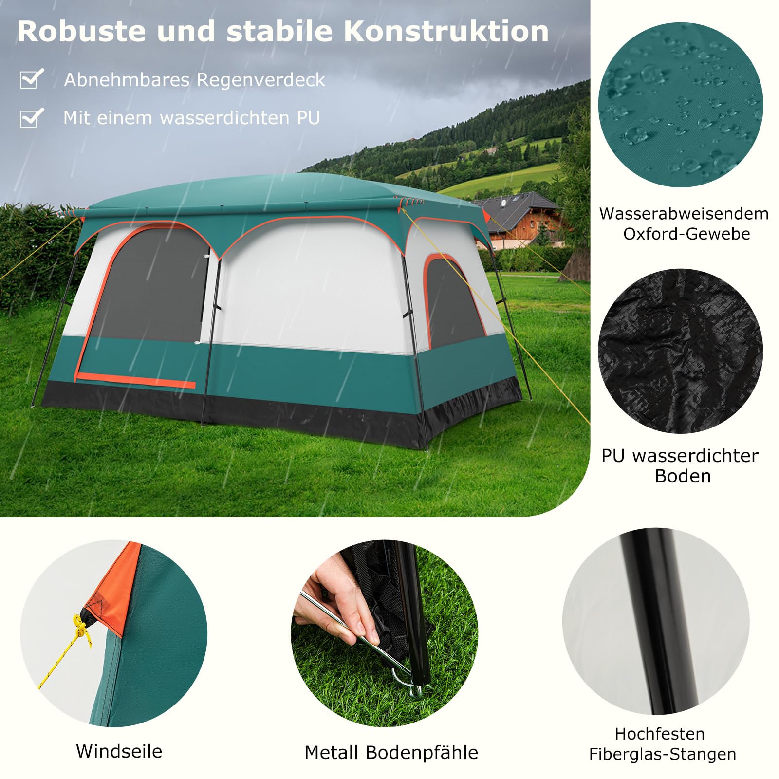 FANTASK Zelt groß mit Vorzelt & Boden, 4-6 Personen Campingzelt, 2 Räumen & 2 Eingänge, Tunnelzelt inkl. abnehmbarem Dach & Tragetasche, Grün
