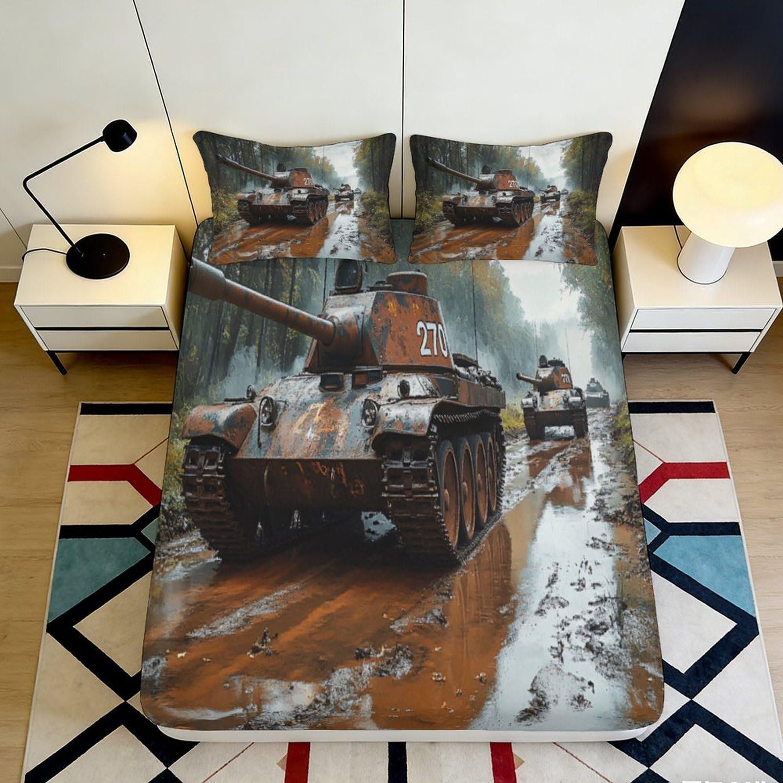 3D Printed Military Tank Fitted Sheet Microfiber Durable Soft 3D Printed Armored Vehicle Mattress Cover for Bedroom Dormitory Guest Room Protection 90x200x25cm