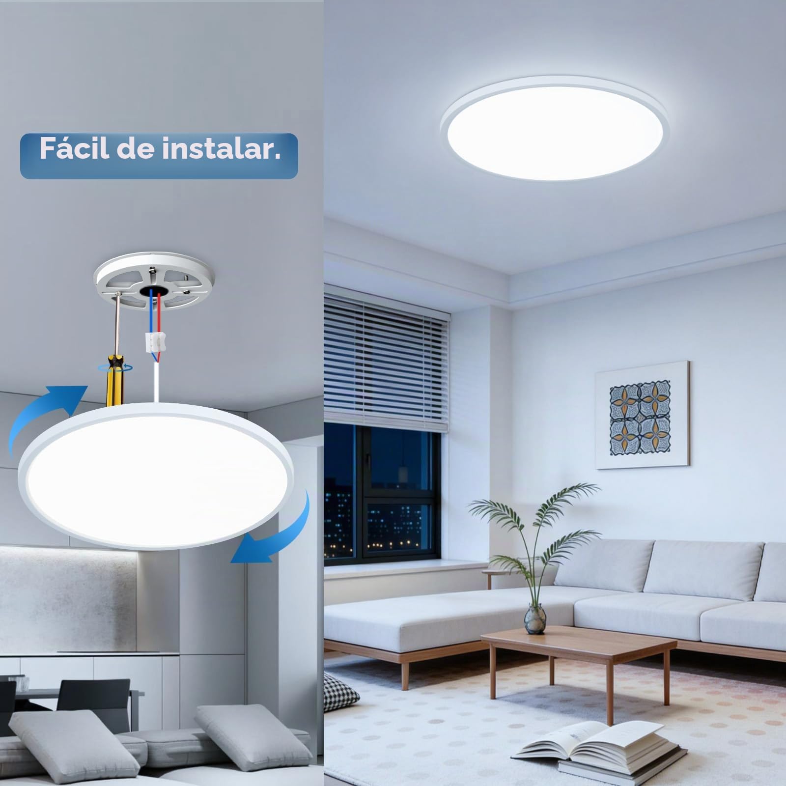 Lampara de Techo LED 52W 50CM Blanco, 5200LM Plafon LED Redondo Moderno 6500K Luz Fría para Dormitorio, Salon, Cocina y Baño