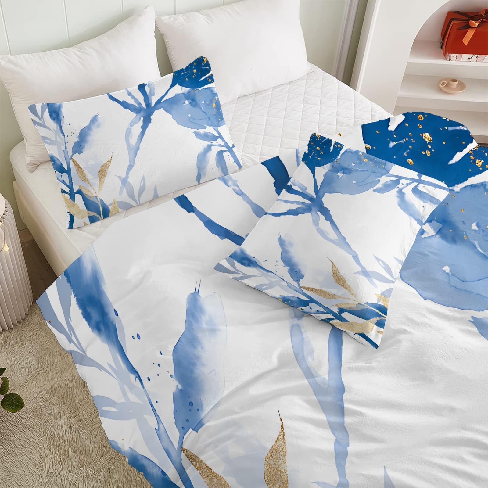 Housse de Couette 200x220 Fleurs Tendance, avec 2 Taie d'oreiller 65x65 Cm, Parure de Lit 200x220 cm Adulte Plantes Aquarelle Bleues, Microfibre, Linge de Lit Fermeture éclairm -RZ46