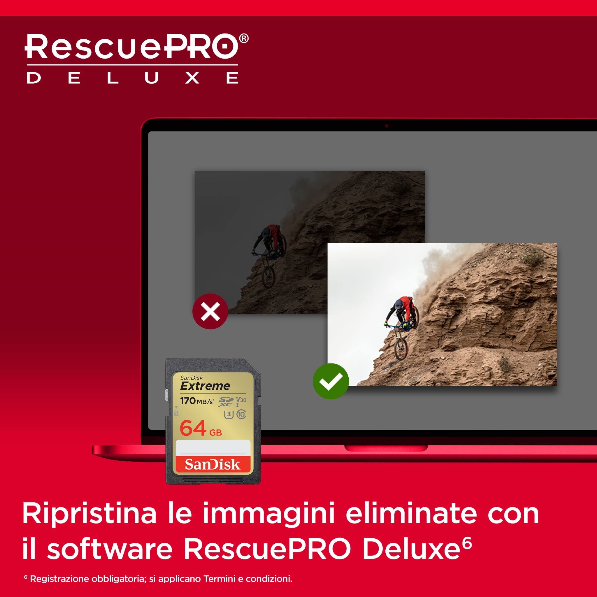 SanDisk Scheda SDXC Extreme 64 GB + RescuePRO Deluxe 170 MB/s UHS-I Classe 10 U3 V30