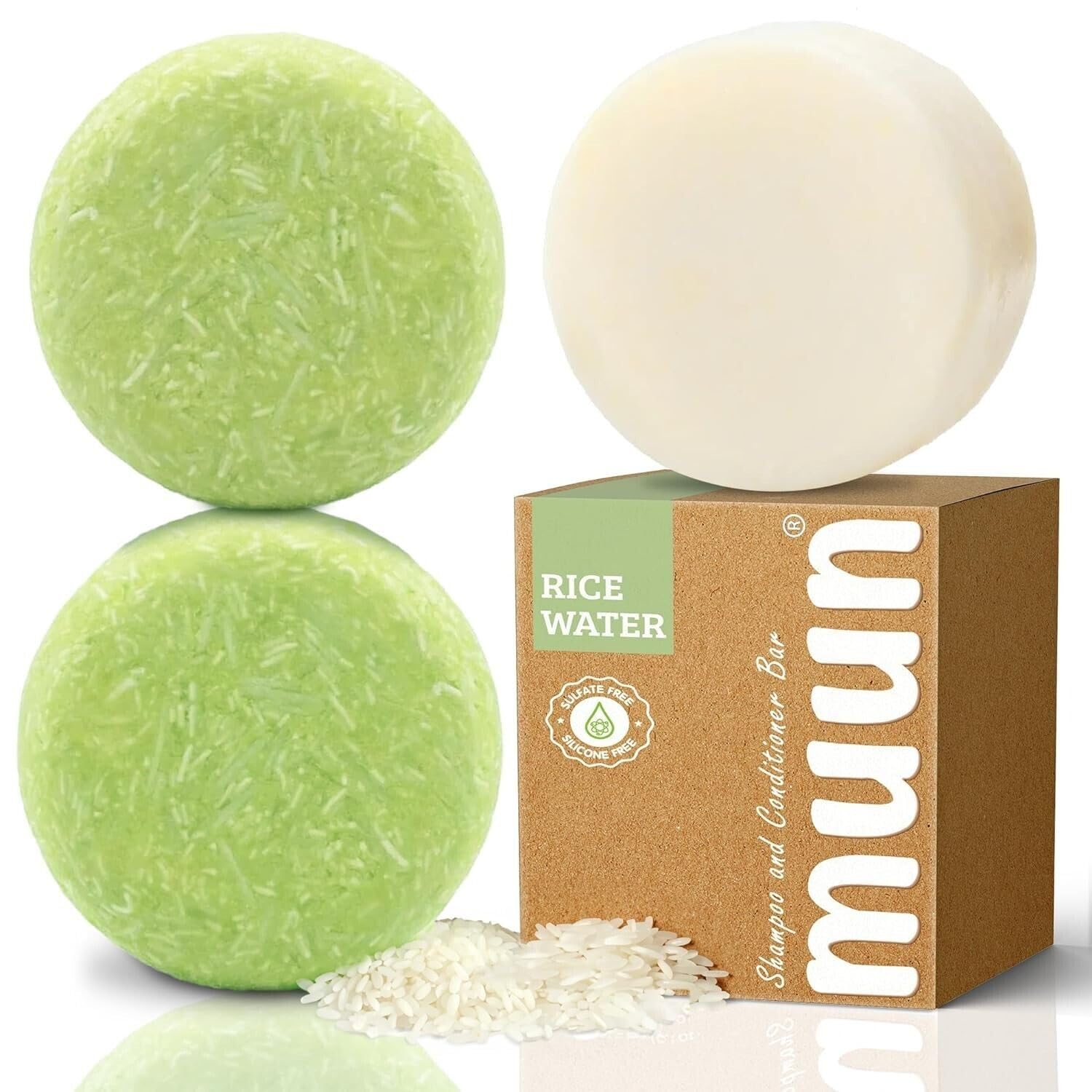 Muun Rice Water Shampoo and Conditioner Bar Pack 3 – Hair Growth, Thickening, Strengthening, Anti Hair Loss, Volumize & pH Balanced – Sulfate & Silicone Free For All Hair Type