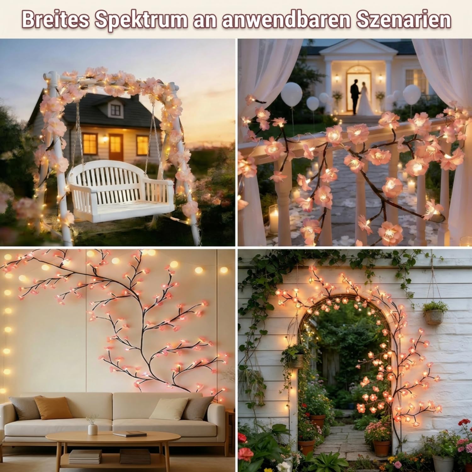 Gresonic Guirlande lumineuse solaire à LED décorative en fleurs de cerisier, Willow Vin, minuterie USB, branches de fleurs de cerisier (144 LED)