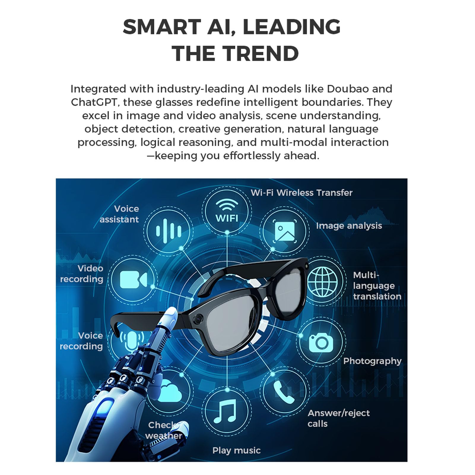 Smart Camera Occhiali, Occhiali Intelligenti AI, Telecamera HD da 5 MP 1080p 26 Lingue per la Riproduzione delle Telefonate Musicale, Riduzione del Doppio Rumore, Trasferimento (Luce anti