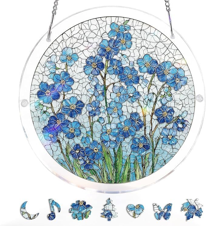 83 Pieces Hanging Acrylic Suncatcher Puzzle,DIY Acrylic Jigsaw Puzzle for Adults, 2mm Transparency Acrylic, Acrylic Suncatcher Puzzles for Doors Garden Window (Blue Myosotis, 6 Inches) — image 1