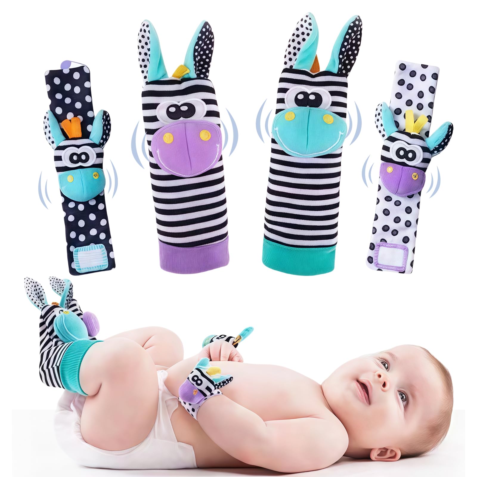 HAGOT 4PCS Rassel Baby Socken, Handgelenk Rasselsocken und Fußfinder Baby Spielzeug, Babyspielzeug Lernspielzeug, für Babyspielzeug 0-12 Monate