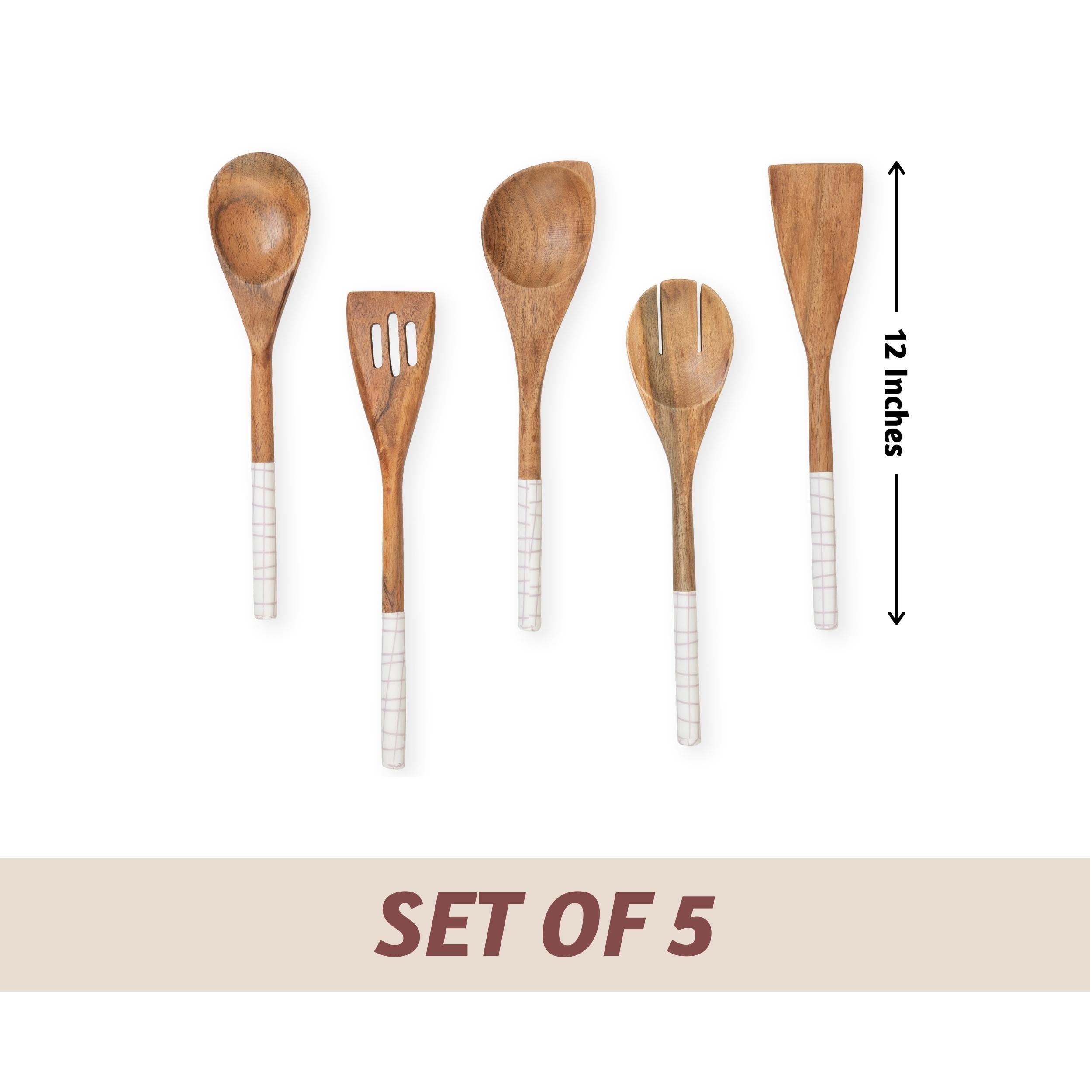 Folkulture Cucharas de madera para cocinar, juego de 5 utensilios de madera antiadherentes y resistentes al agua, libres de BPA