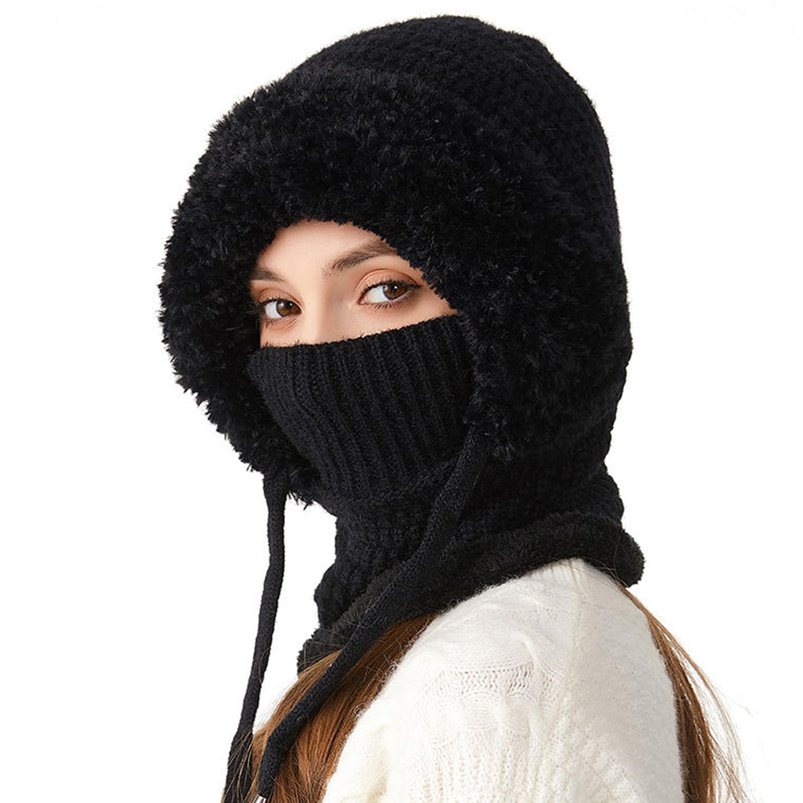 3-in-1 Beanie Hat with Scarf & Mask, Winter Balaclava for Women Men, Windproof Knitted Ski Set for Skiing, Snowboarding, Hiking, Cycling & Outdoor Activities (Black)