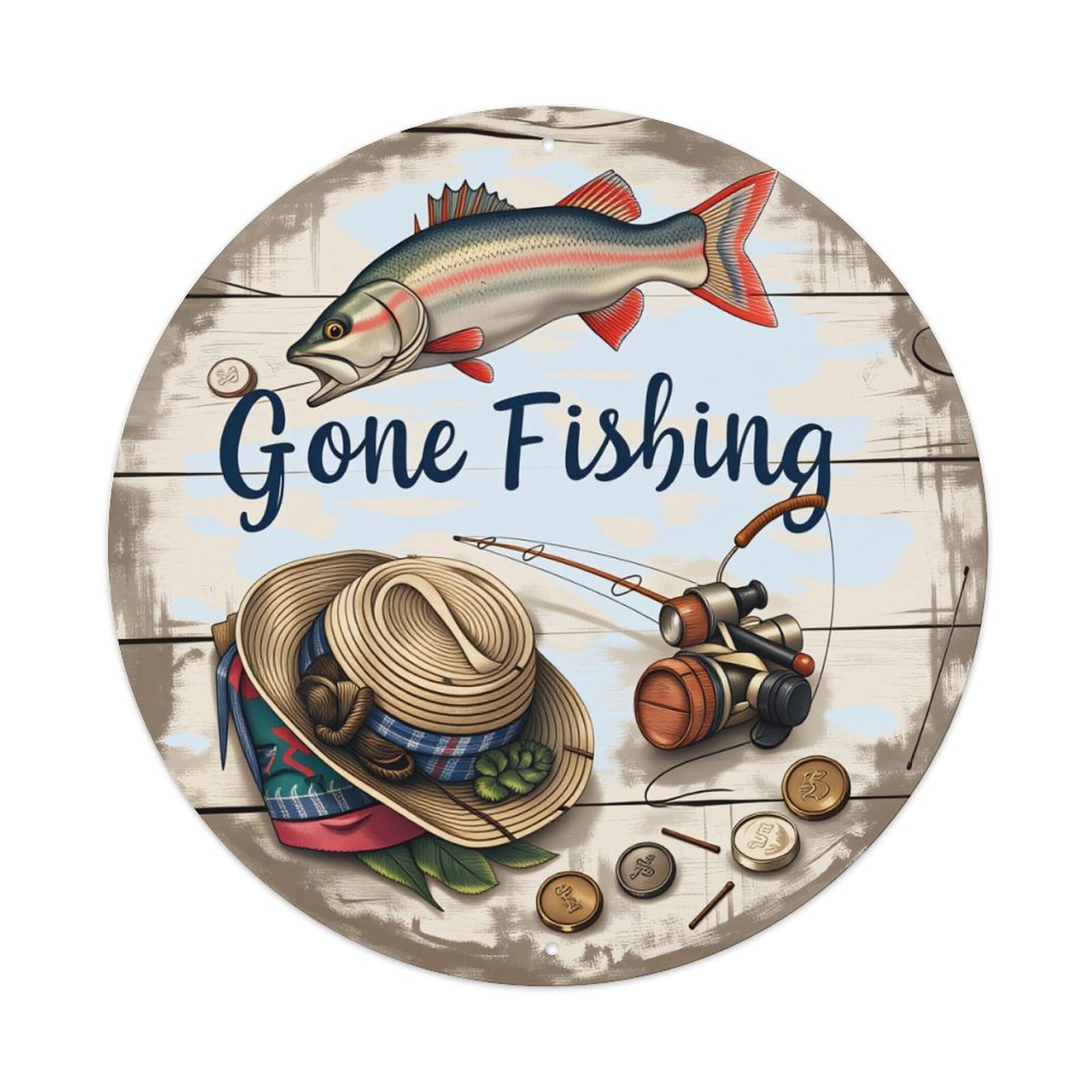 Wmlzdnwr Vintage Fishing Rod Hat Fish Coins Reel Leaves Sunlight Sky Round Tin Sign,Retro Wall Art,Metal Poster For Home, Bar, Garage, Cafe, Rustic Indoor & Outdoor Decor, 8X8 Inches