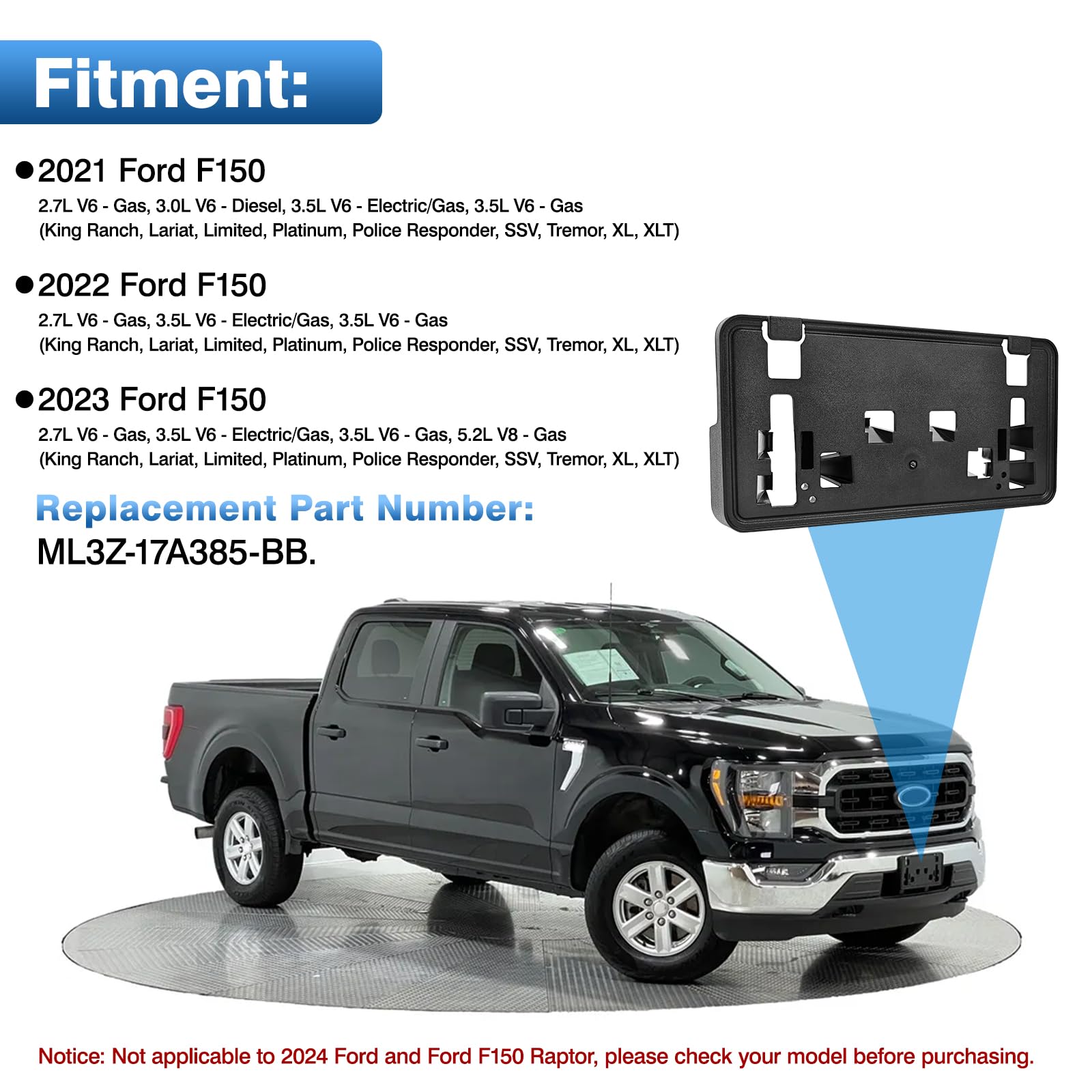 MZORANGE Front License Plate Bracket For 2021-2023 Ford F-150 (2.7L, 3.0L, 3.5L V6) - Black
