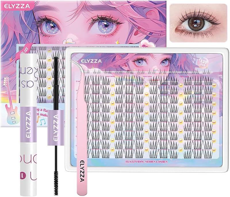 Cílios postiços em tufos ELYZZA Idol com curvatura C, 10–12 mm e faixa fina