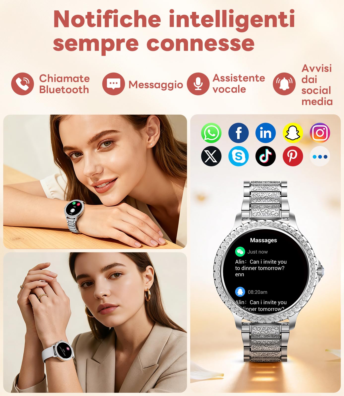LIGE Smartwatch Donna, 1.32" Diamante Orologio Smart Watch, Argento | 500+ Quadranti, IP68 Impermeabile, Monitoraggio Sonno, Frequenza Cardiaca, 100+ Sports, Cinturino in Acciaio Inossidabile