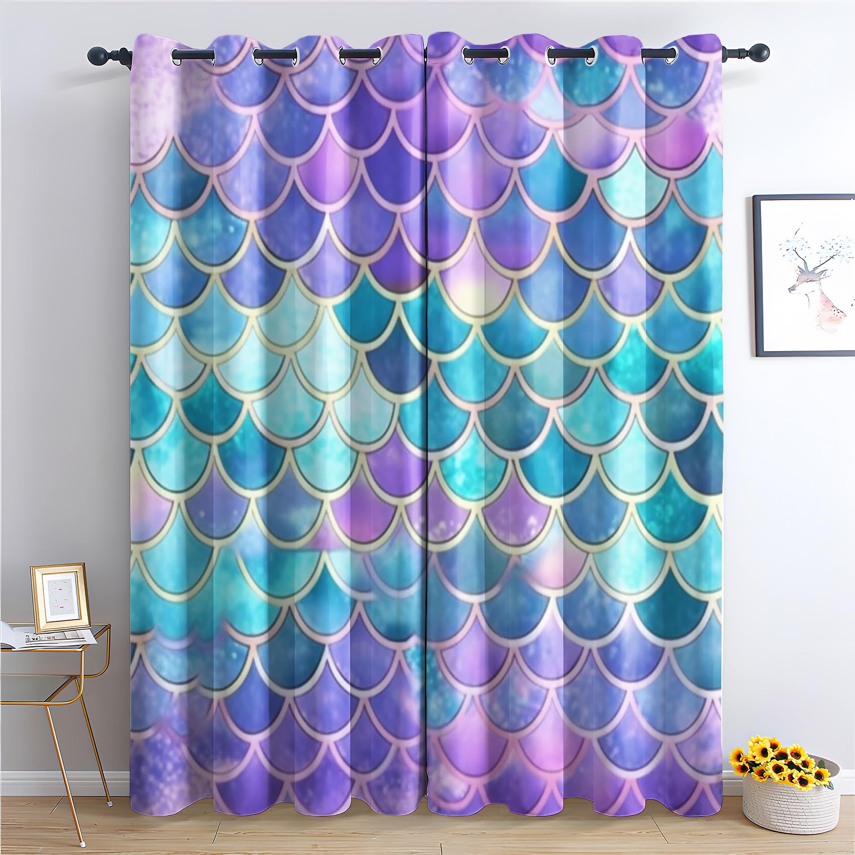 QEODAH Mermaid Scale Bedroom Curtains Blackout - Girls Colorful Fish Scale Pastel Living Room Curtains 90x108 Eyelet - Soft Thermal Insulated Patterned Drapes for Windows - 2 Panels