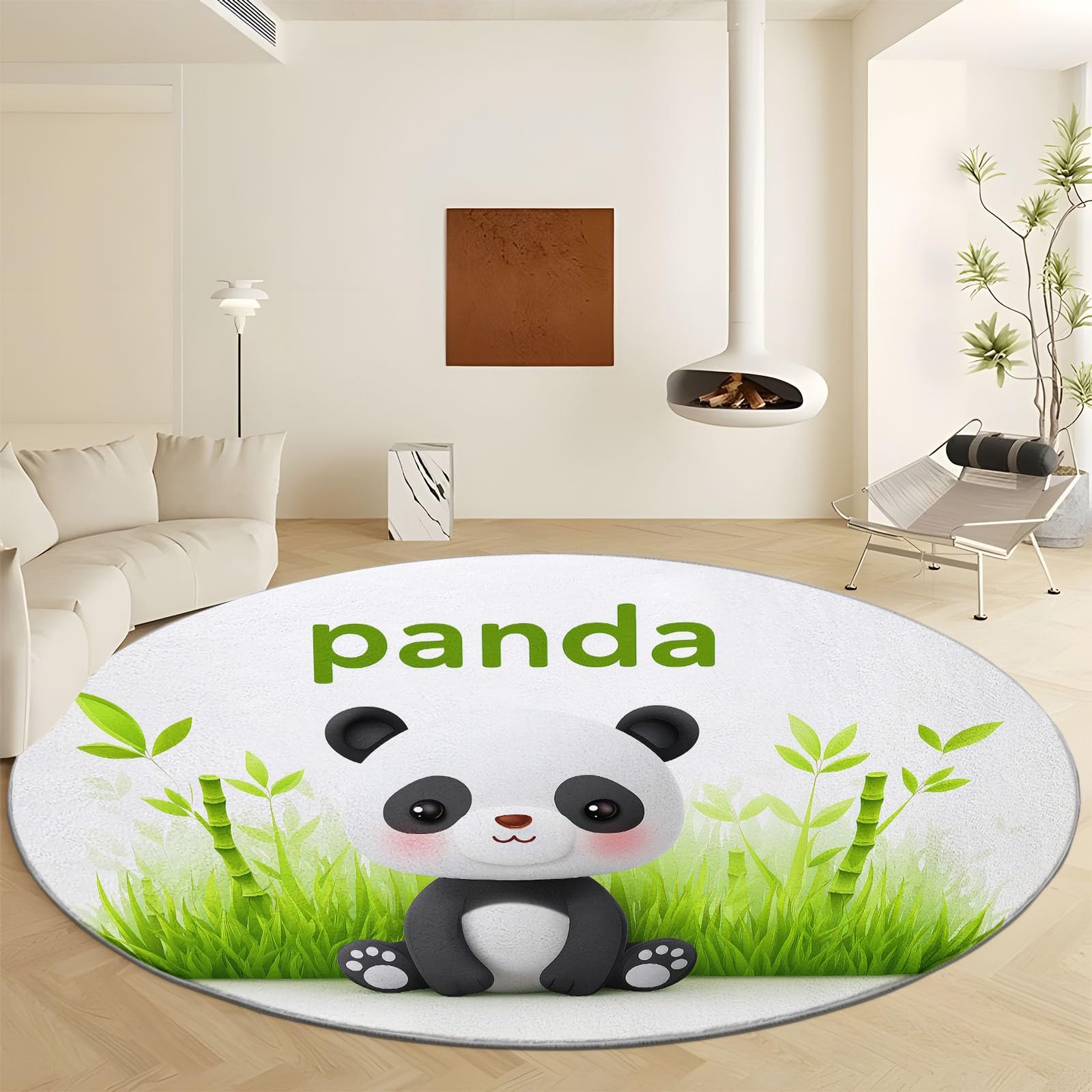 Tiere Panda Grünes Gras Buchstaben Waschbarer Teppich Wohnzimmer 120 cm, Cartoon Rutschfester Bedruckter Runder Teppich - Antibakteriell Küchenteppich für Schlafzimmer Flur Esszimmer Spielzimmer