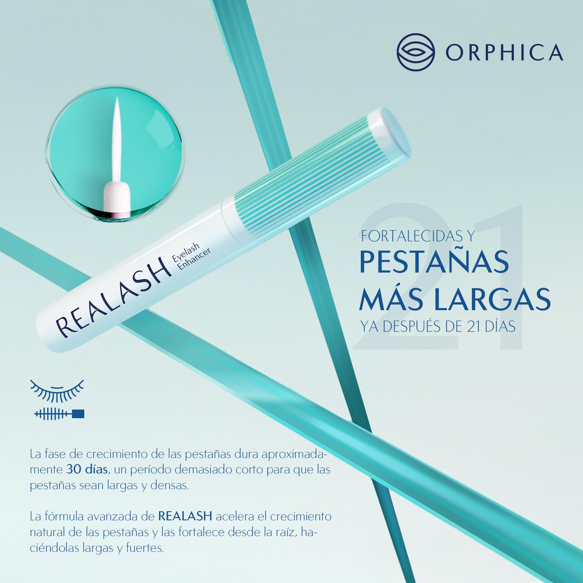 ORPHICA Realash Serum para Pestañas 3 ml - Acondicionador Crecimiento Pestañas, Suero Fortalecedor y Engrosador de Pestañas Largas - Tratamiento Eyelash Growth Serum