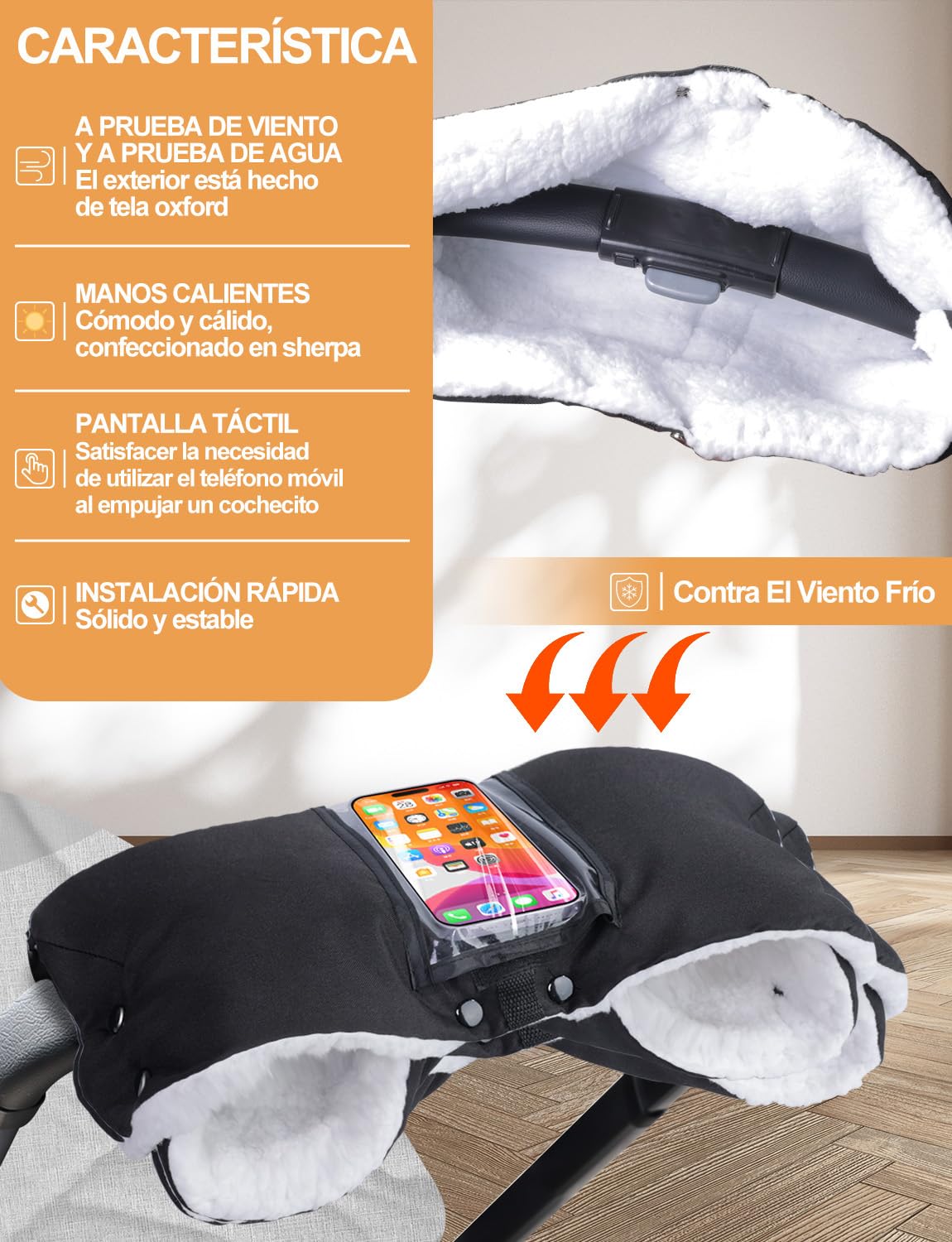 Manoplas Carro Bebe, Impermeable y Cortaviento Guantes Carro Bebe Invierno con Bolsillo para Celular, Guantes para Cochecito Bebe Forro de Felpa Para Todos los Cochecitos - Negro