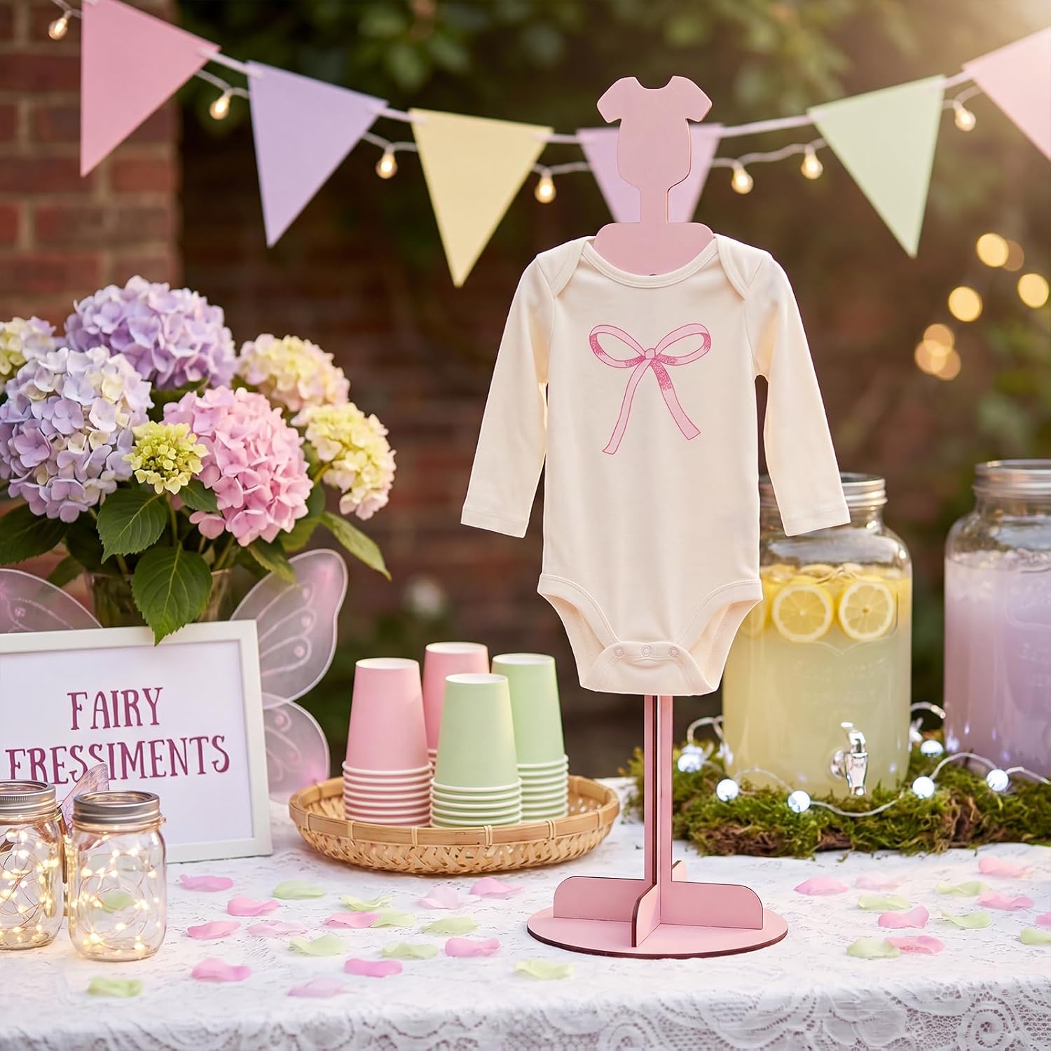 Xuhal Baby Shower Clothes Display Stand Pink Wooden Baby Clothing Rack Adjustable Height 20.47-26.38" Bodysuit Outfit Hanger for Girl Gender Reveal Table Centerpiece Birthday Party Supplies Decoration