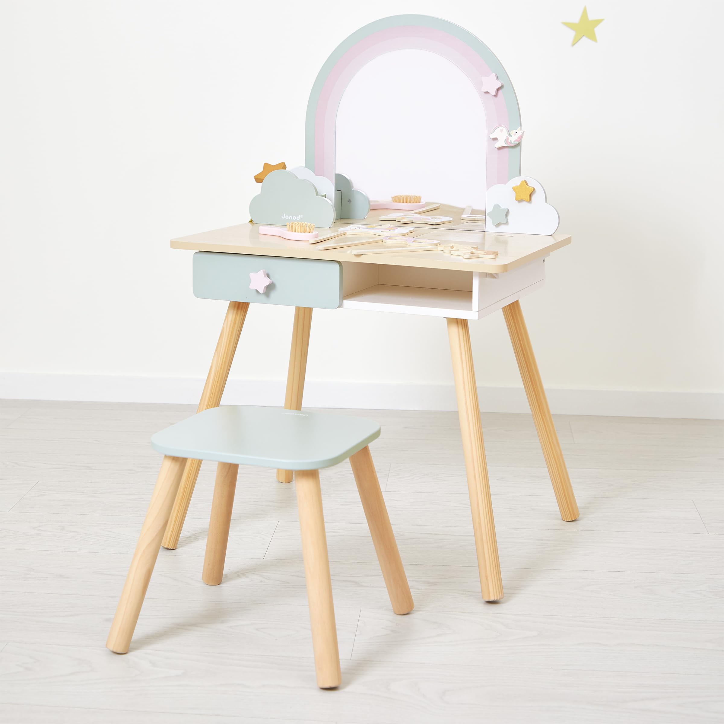 Janod Tocador Niña - Tema Unicornio - Imitación Juego - Tocador con Espejo y Taburete de Juguete - 10 Accesorios - Dim 56,6 x 42,5 x 86,25 cm - A Partir de 3 Años - J06464