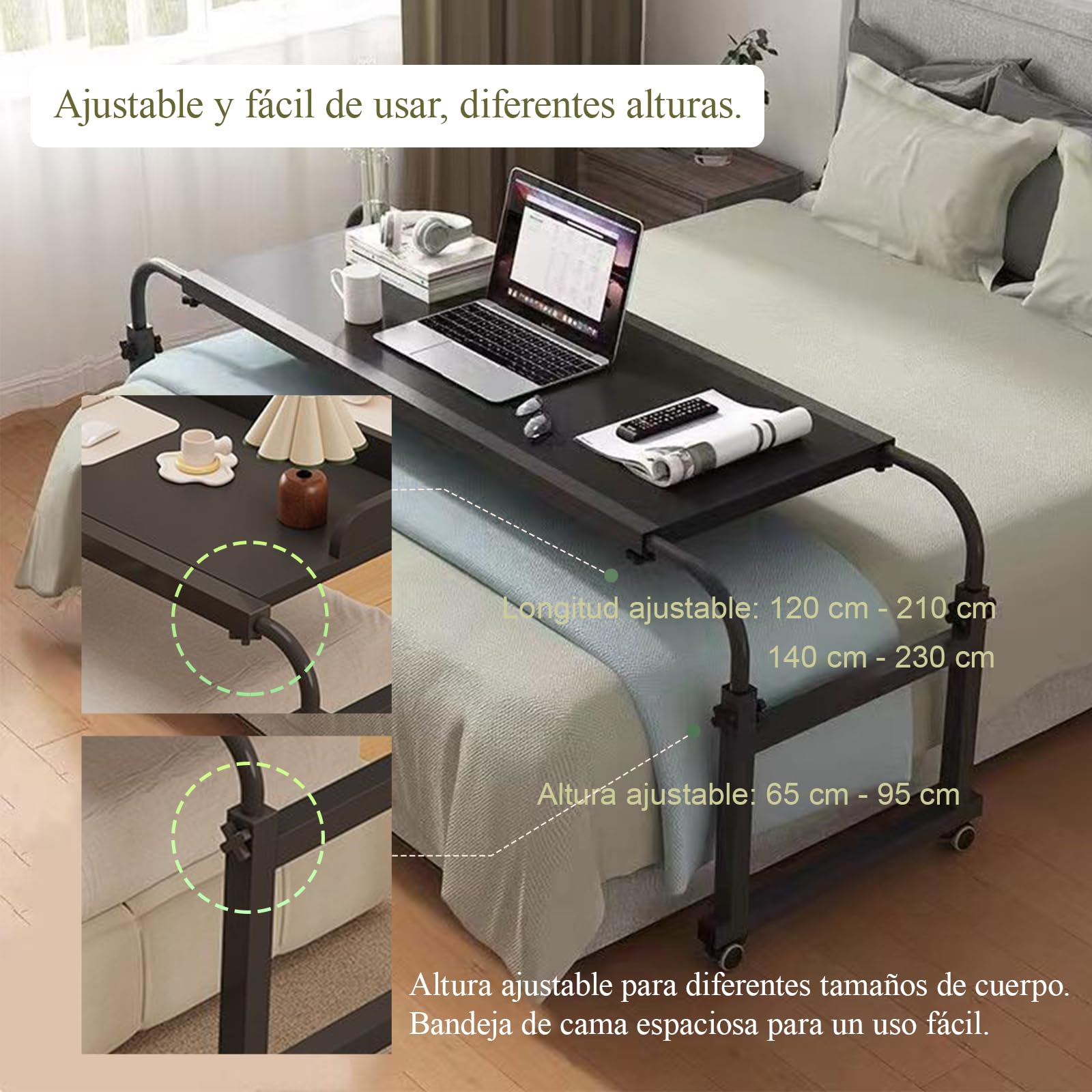 Genérico Mesa De Cama Móvil, Mesa Sobre Cama Con Ruedas, Marco De Acero Engrosado, Ajustable Hacia Arriba Y Hacia Abajo, Con Esquinas Redondeadas Para Evitar Golpes.120*45*65cm(Color: blanco)