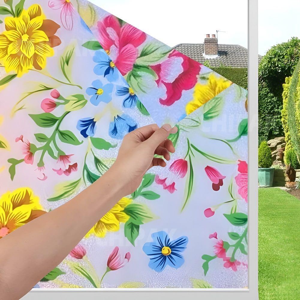 CHIPAK Vinyl Frosted Window Self Adhesive Privacy Glass Film for Window Glass Office| Decorative Window Sticker Wallpaper Vinyl Sheet for Glass Door, Bathroom, Home, Window. Peppy Flowers, 16x36 Inch-image-41