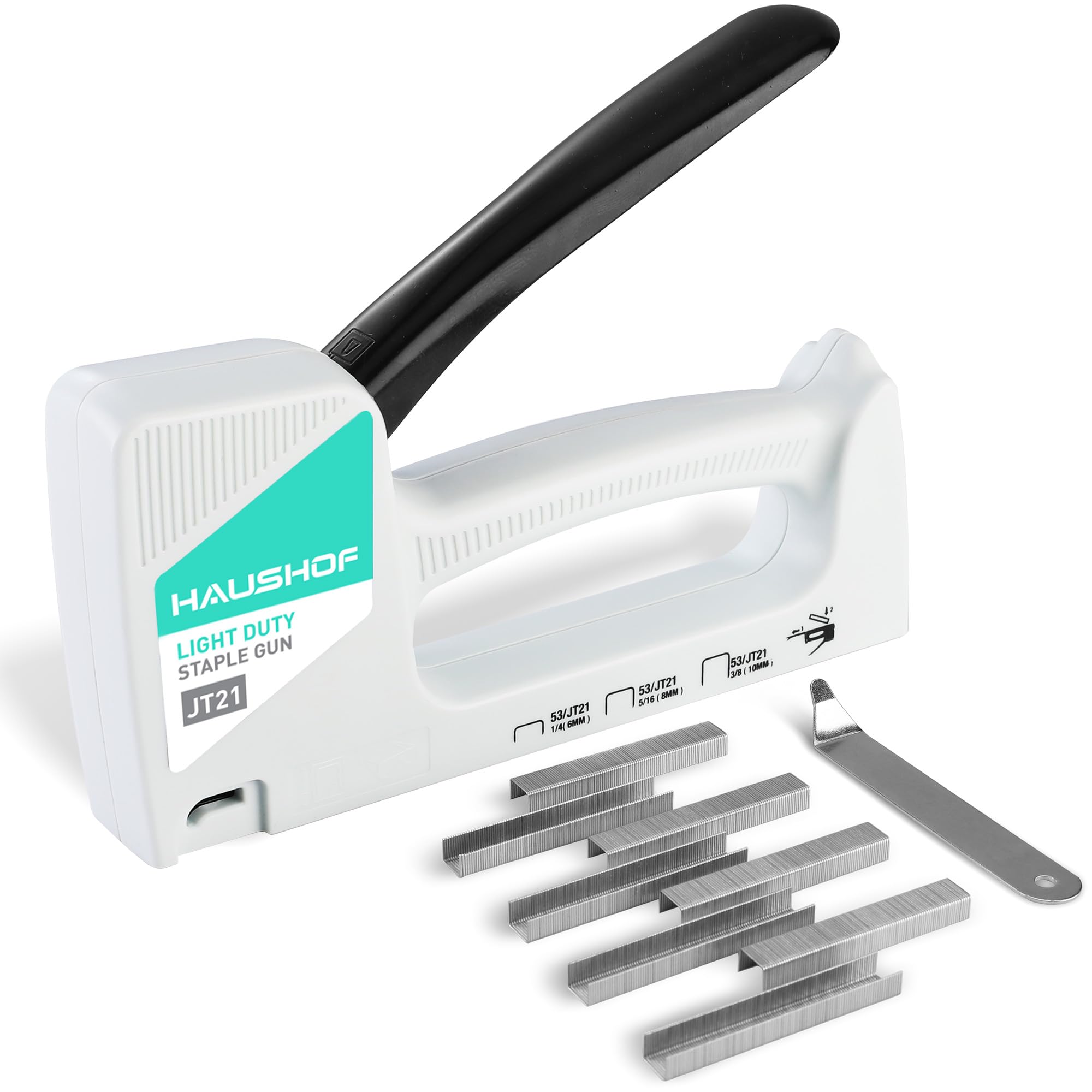 HAUSHOF Light Duty Staple Gun Include 800 pc Staples and Staple Remover, Wall Stapler Gun, Type 53/JT21(6-10mm), Ideal for Display Boards, Upholstery, Decoration, Teachers, Office