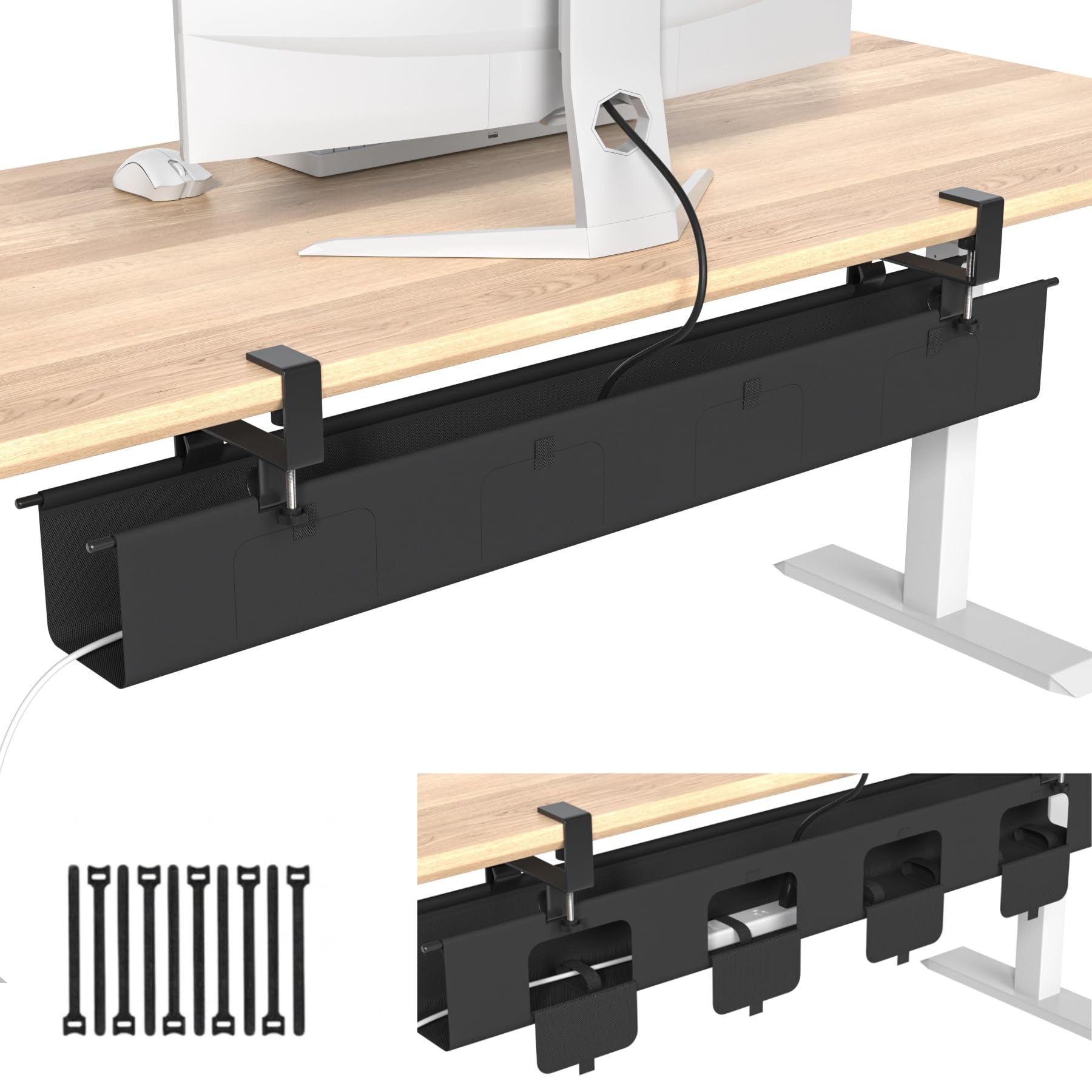 Bandeja de gestión de cables para debajo del escritorio, organizador de cables de 47.5 pulgadas para mesa, gestión de cables resistente para oficina y hogar, color negro