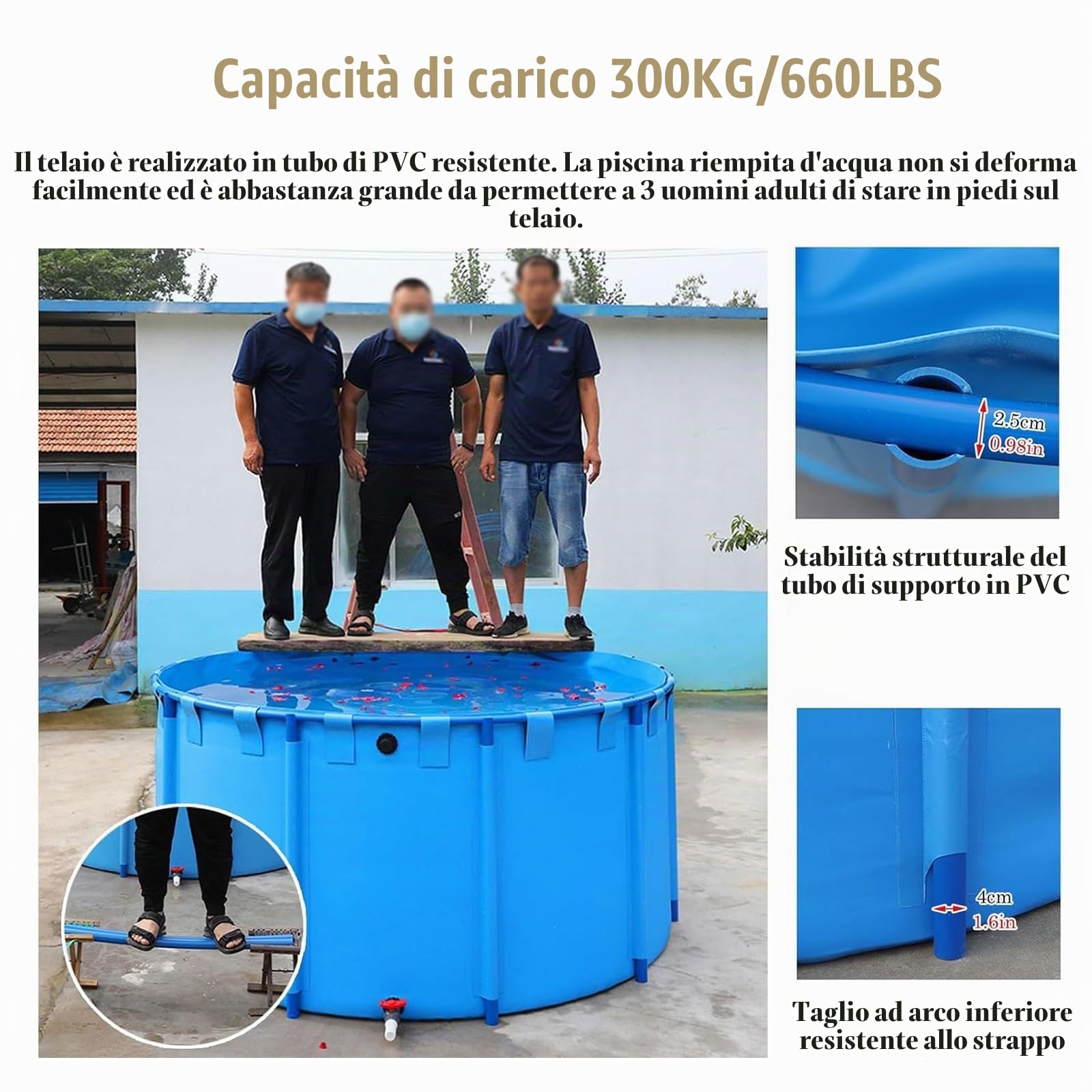 Piscina fuori terra, piscina rotonda esterna con telaio in acciaio, tela in PVC per allevamento ittico, può contenere fino a 498 galloni