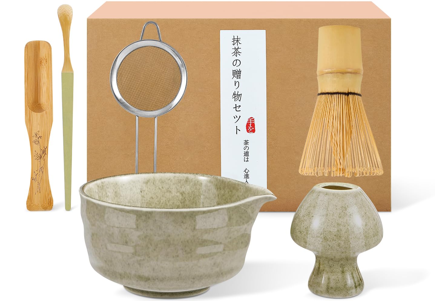 Matcha Kit, 6 Pezzi Set con Frusta per Matcha, Ciotola, 2 Cucchiaio, Setaccio e Supporto in Ceramica per Frusta, Ottimo Regalo Artigianale Tradizionale per gli Amanti del Matcha (Verde)