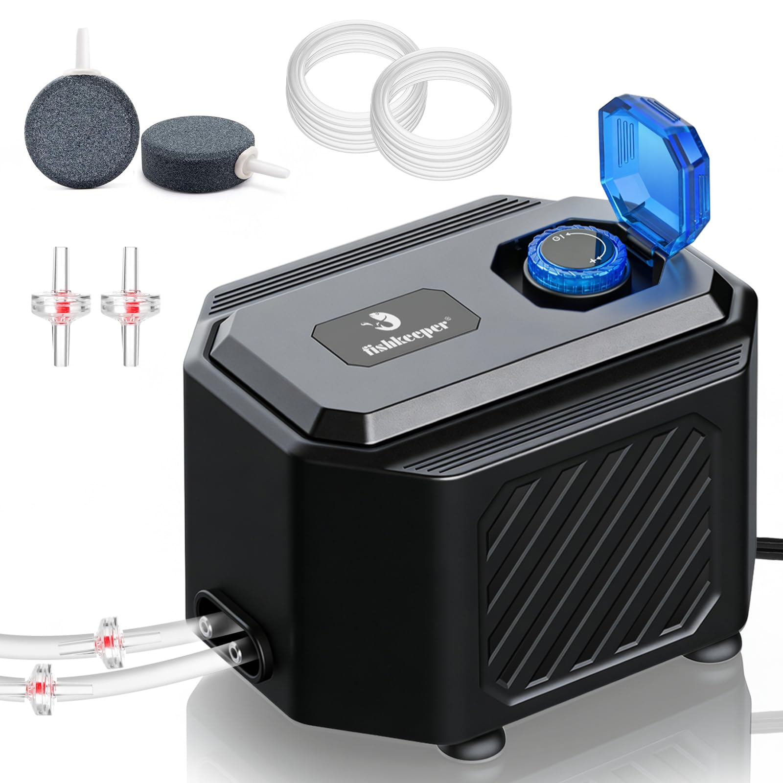 fishkeeper Whisper-Quiet Aquarium Air Pump - 10W/6W Powerful Stainless Steel Dual-Outlet Fish Tank Air Pump, Adjustable Oxygen Aerator Pump with Bubble Stone Kits for Up to 200 Gallon Aquariums