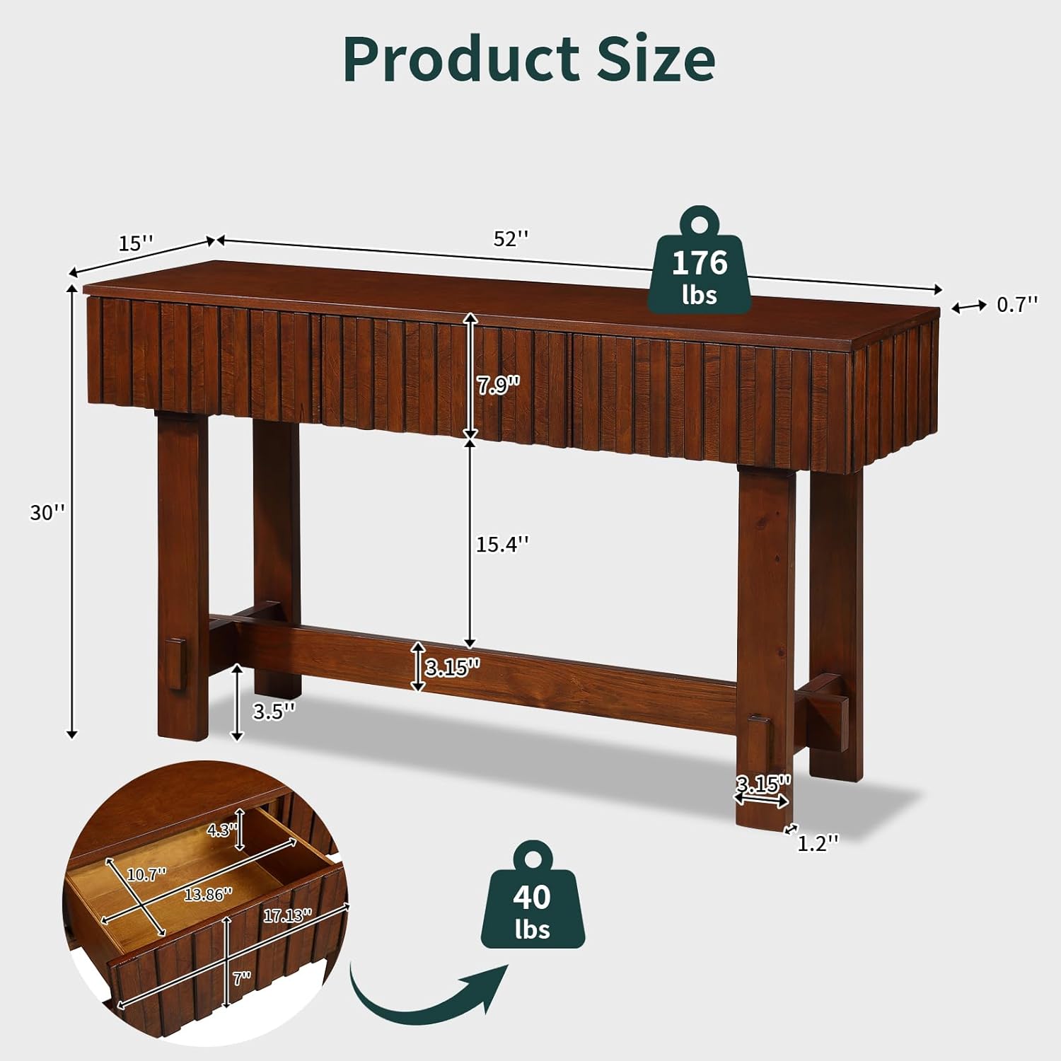 Solid Wood Console Table with 3 Drawers, 52 inch Entryway Table with Fluted Drawers Wooden Hallway Tables for Living Room Hall Entrance, Cherry