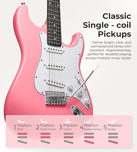 Miniatura 3 de Vangoa Guitarra eléctrica, guitarra eléctrica rosa de tamaño completo, kit de inicio para principiantes, cuerpo sólido de 39 pulgadas con