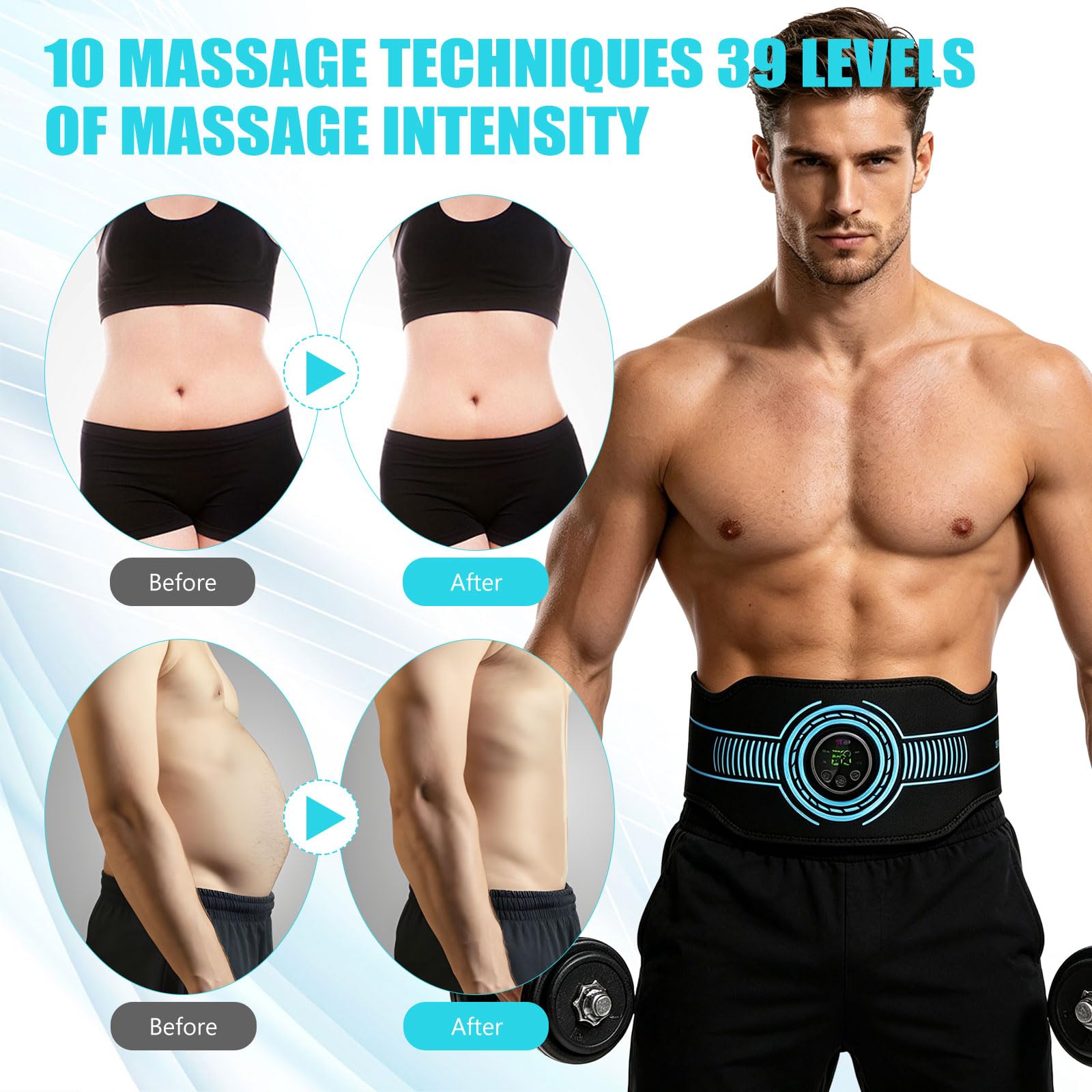 EMS Electroestimulador Abdominal, Abdominales Electroestimulacion, con 10 Modos y 39 Niveles de Intensidad, Electroestimulador Muscular Recargable Por USB, Apto Tanto para Hombres Como para Mujeres