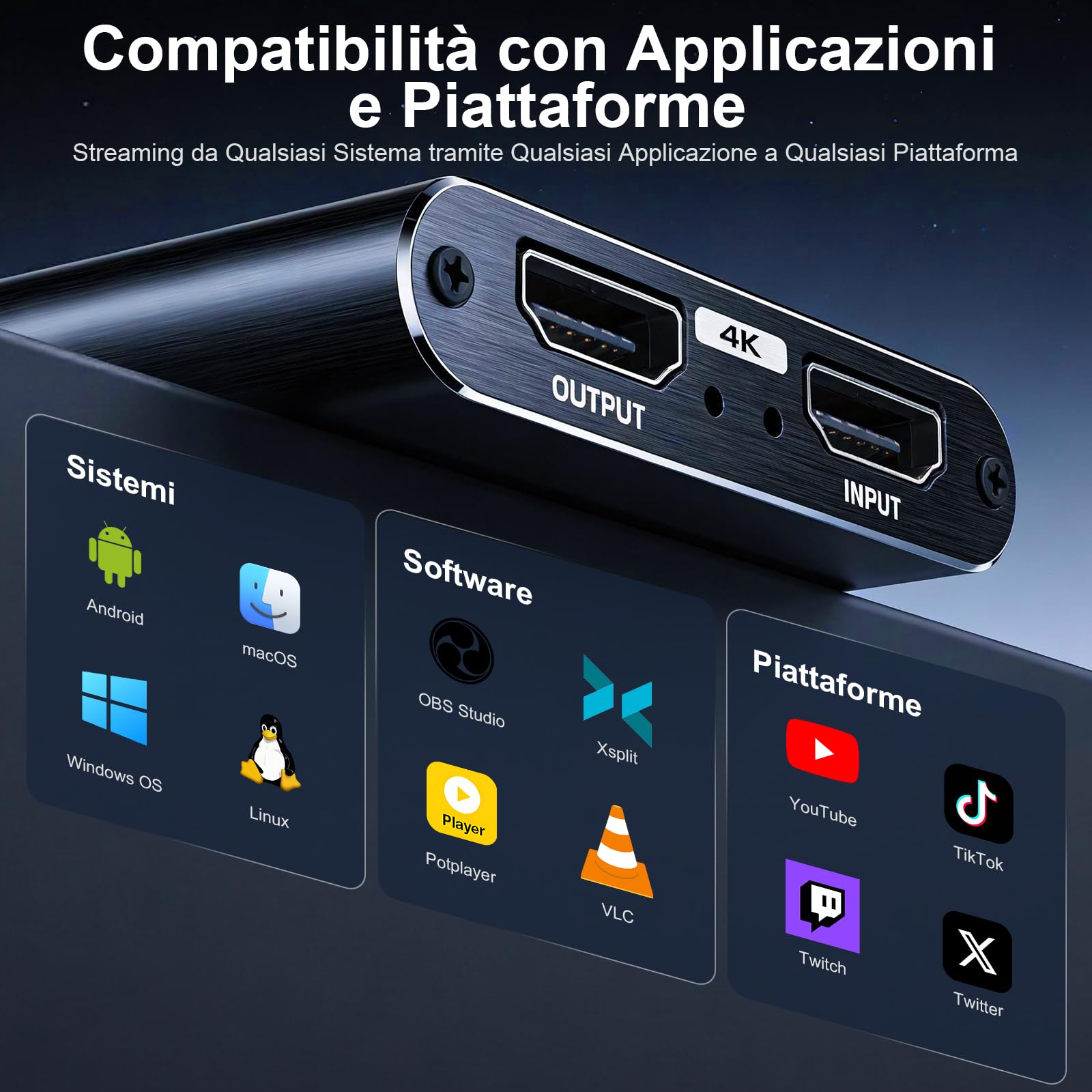 Scheda di Acquisizione Video 4K HDMI USB 3.0-1080p 60fps/2k 30fps Loop-Through - Compatibile PS5, Xbox Series X/S, PC, OBS - Per Streaming & Gaming Nero