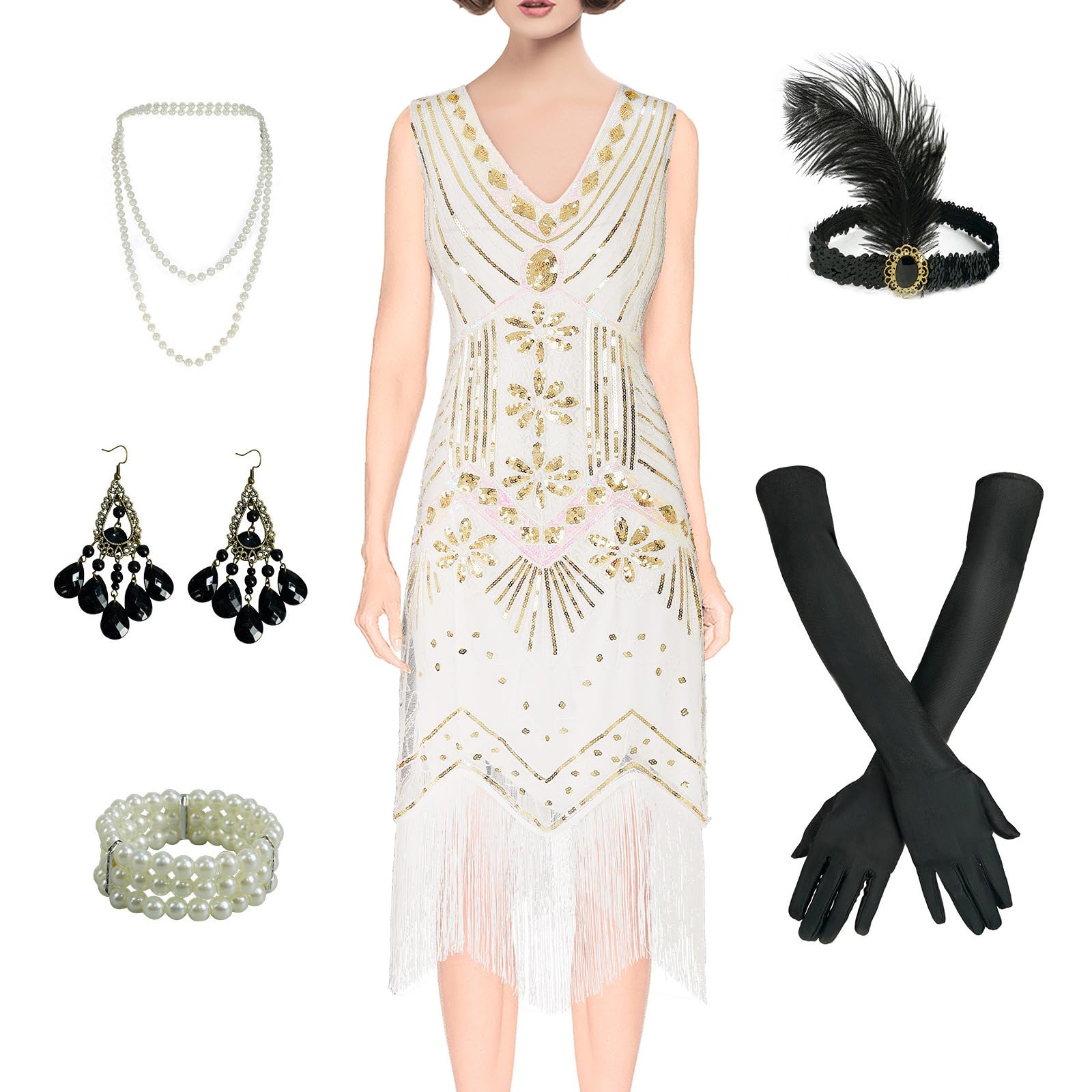 BONGZUO Women's 1920s Flapper Dress Vintage Lace Fringed Gatsby Cocktail Dress with 20s Accessories Set