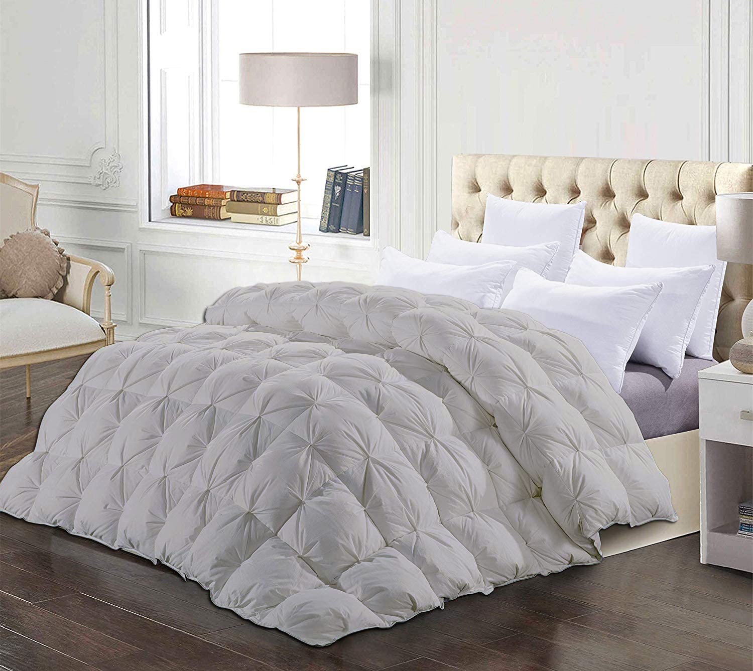 Saferay Green All Season Luxury Hotel Quality Pintuck Style Organic Cotton 1 Piece Pinch Pleat Comforter with 4 Corner Tabs 500 GSM Machine Washable Oversized King Plus 128x120 Silver