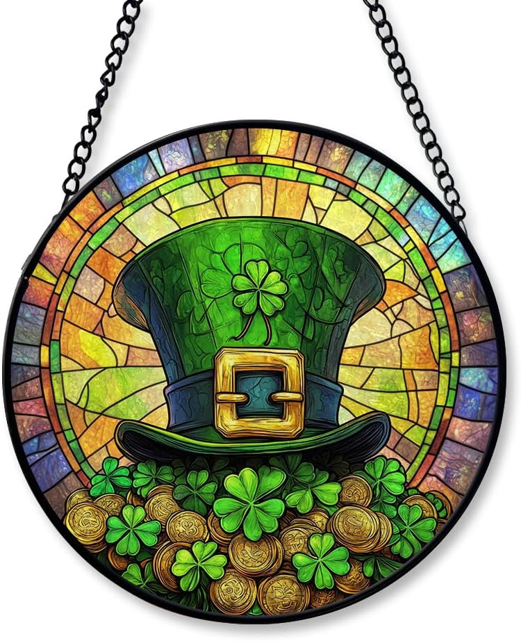 THUYPT St Patrick's Day Stained Glass Window Home Hanging Decor, Irish Shamrock Celtic Round Stained Glass Window Hanging, Irish Suncatcher Decorations Saint Patrick's Day (01)