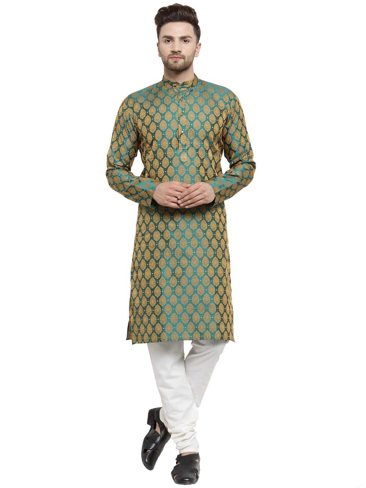 Jompers Men's Jacquard Silk Kurta And Pyjama(Green,M)